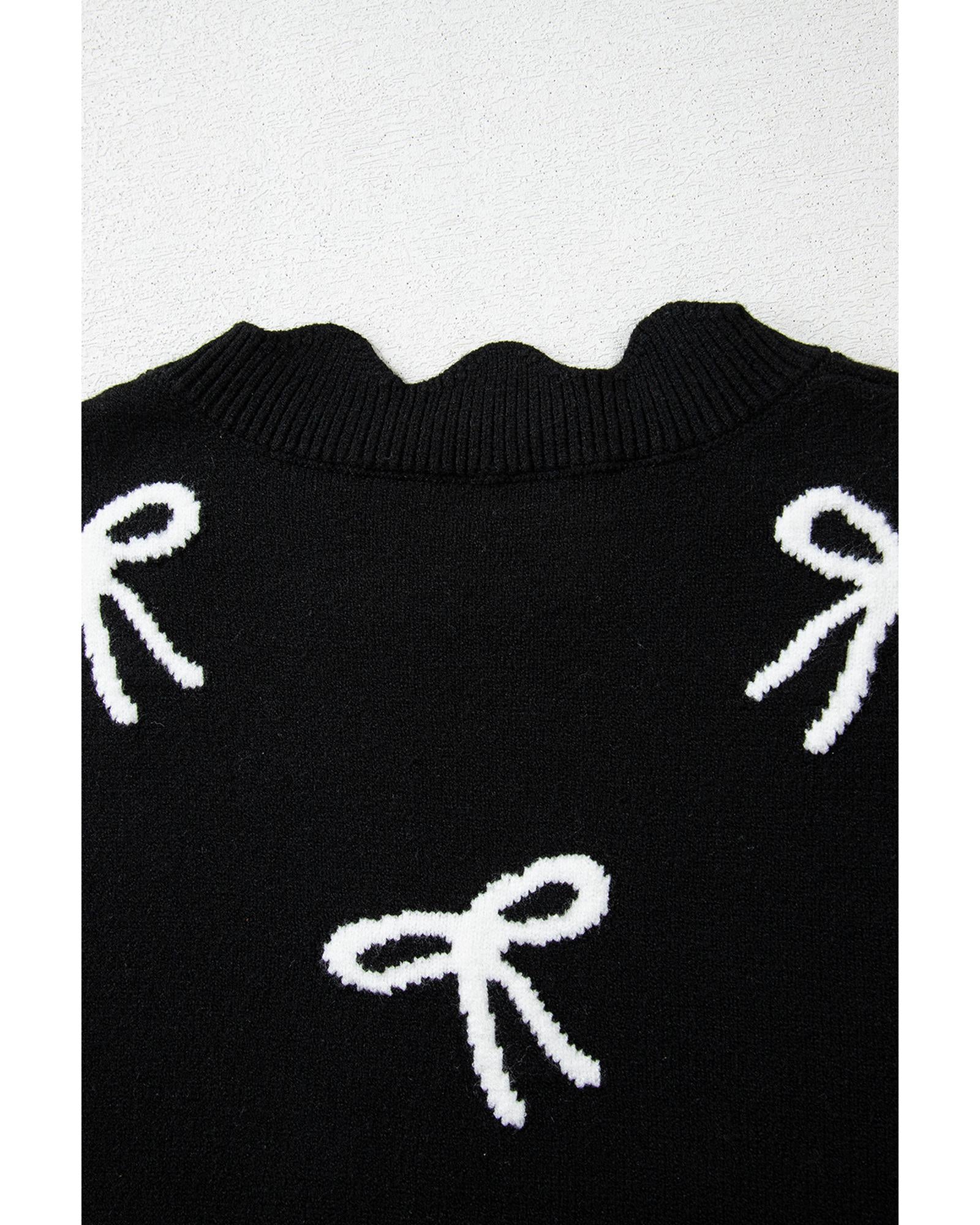 Black Bow Print Side Ties Scalloped Hem Sweater T Shirt - S 7