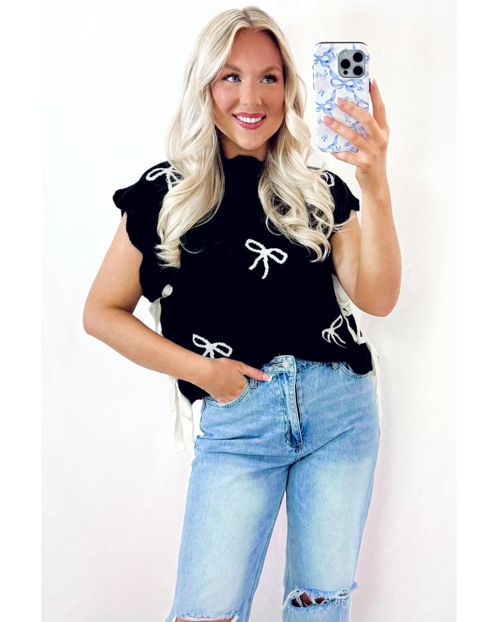Black Bow Print Side Ties Scalloped Hem Sweater T Shirt - XL 5
