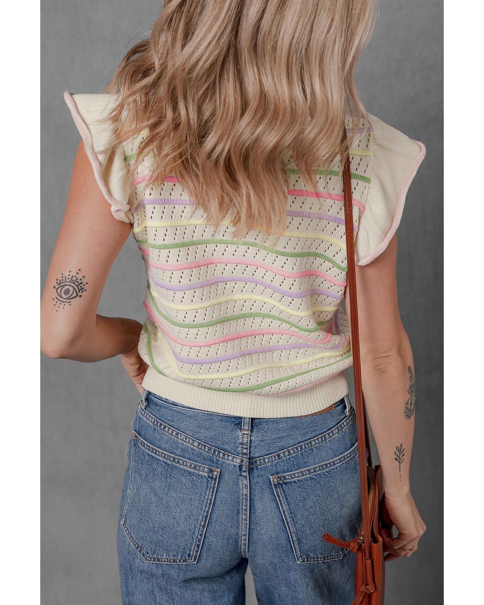 Oatmeal Colorful Striped Eyelet Knit Ruffled Sleeve Sweater T Shirt - M