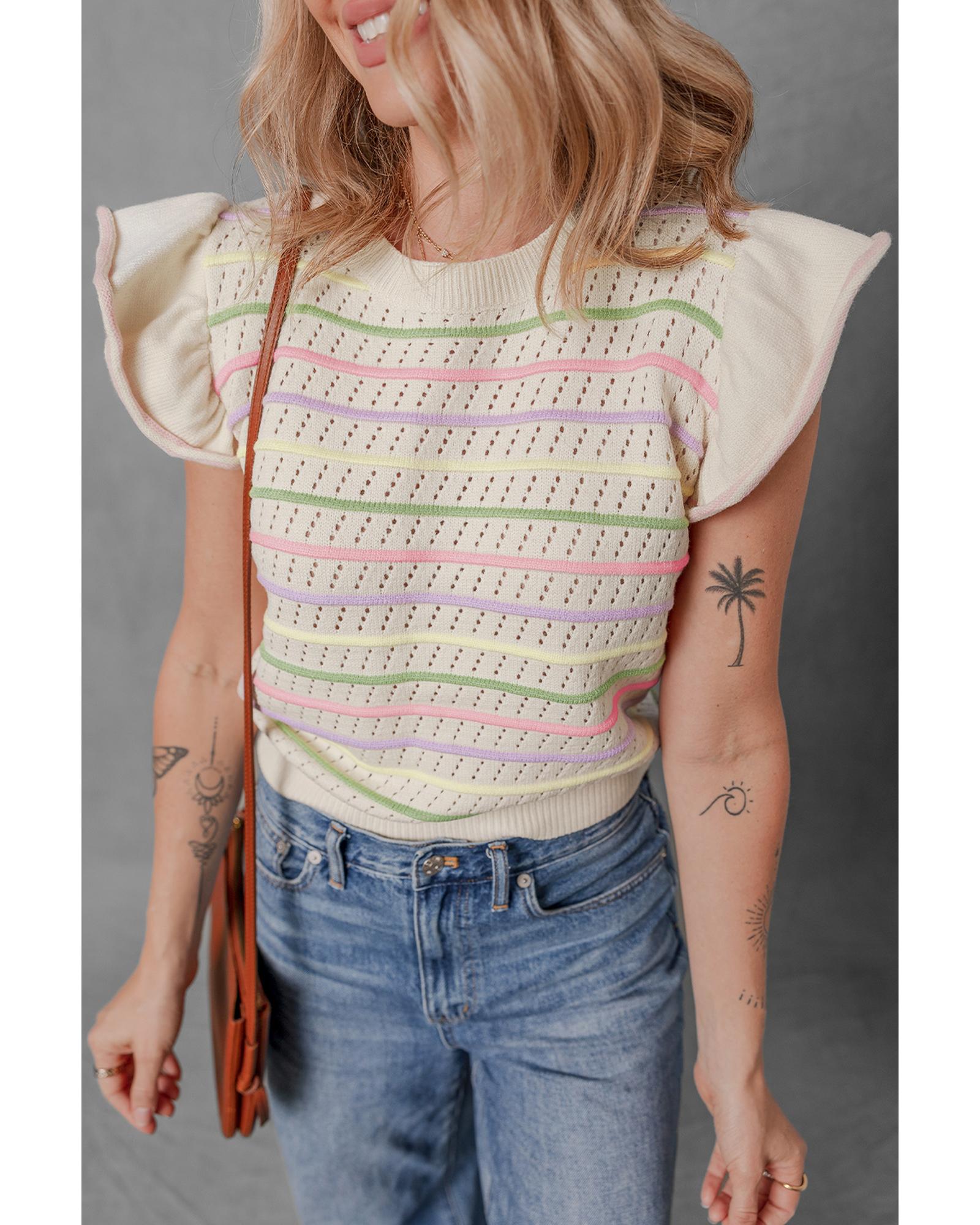 Oatmeal Colorful Striped Eyelet Knit Ruffled Sleeve Sweater T Shirt - M 3