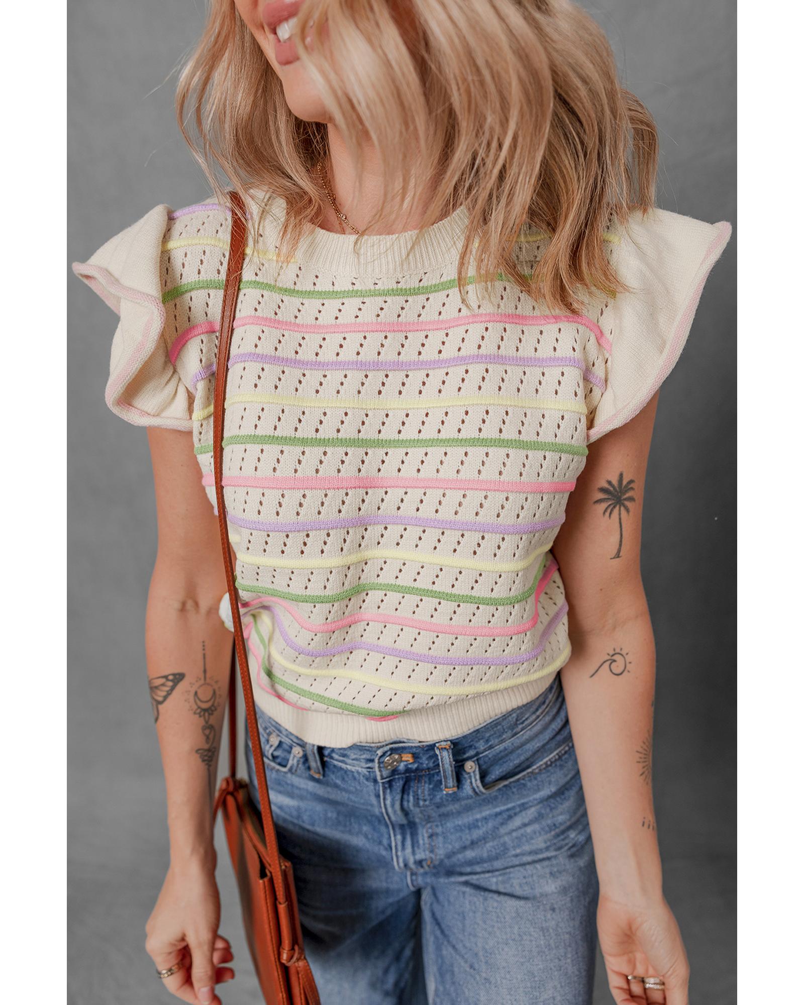 Oatmeal Colorful Striped Eyelet Knit Ruffled Sleeve Sweater T Shirt - M 4