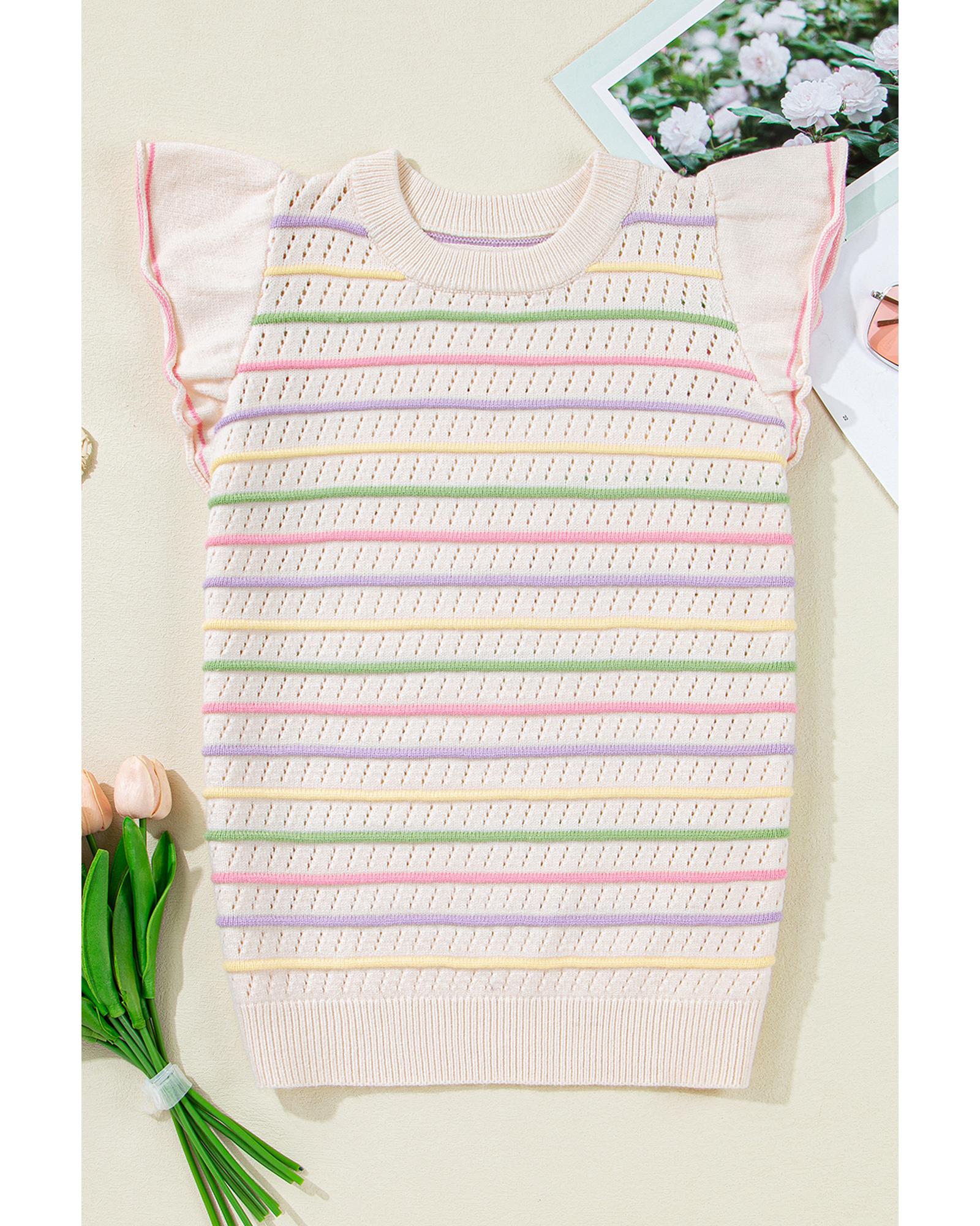 Oatmeal Colorful Striped Eyelet Knit Ruffled Sleeve Sweater T Shirt - M 6