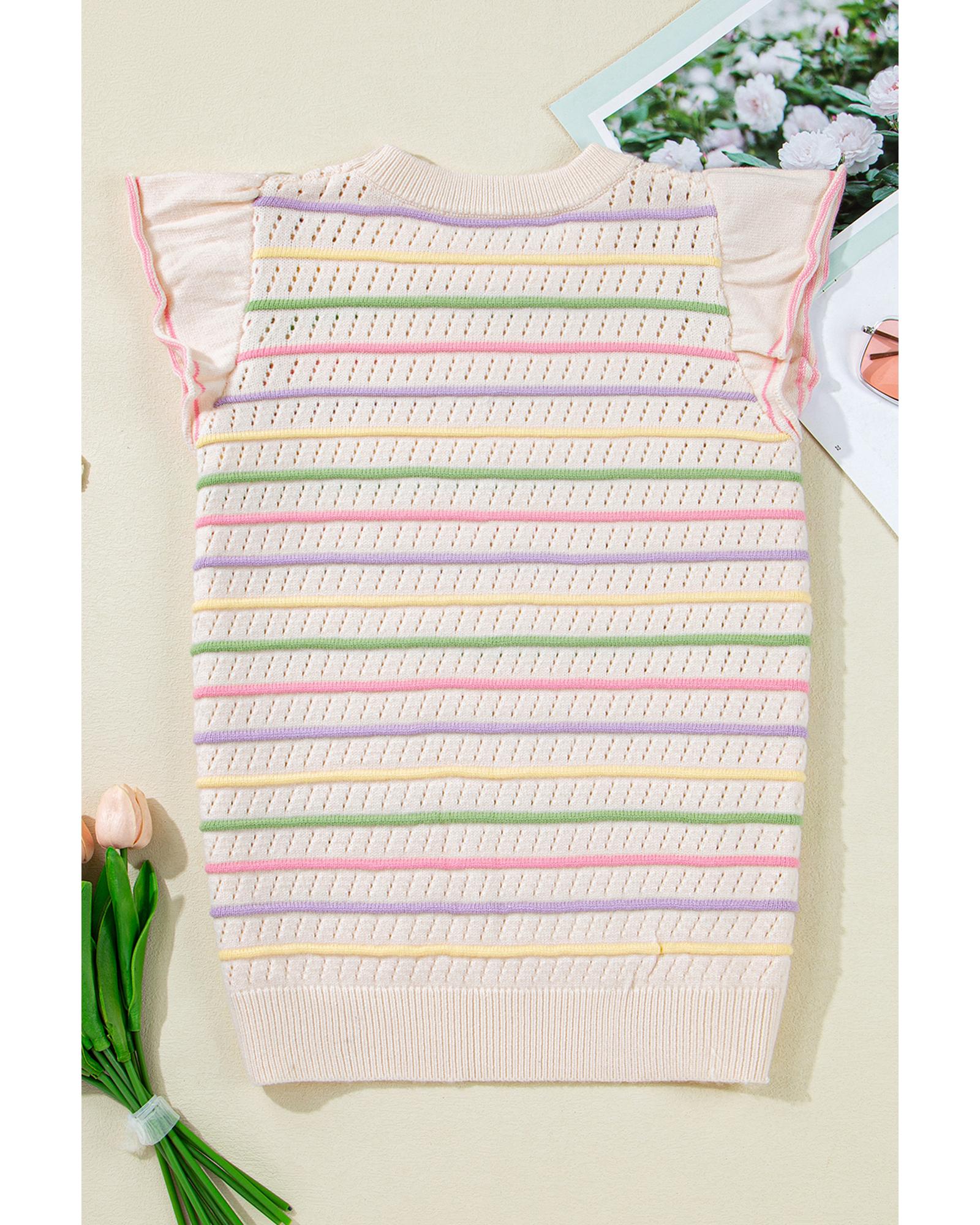 Oatmeal Colorful Striped Eyelet Knit Ruffled Sleeve Sweater T Shirt - M 7