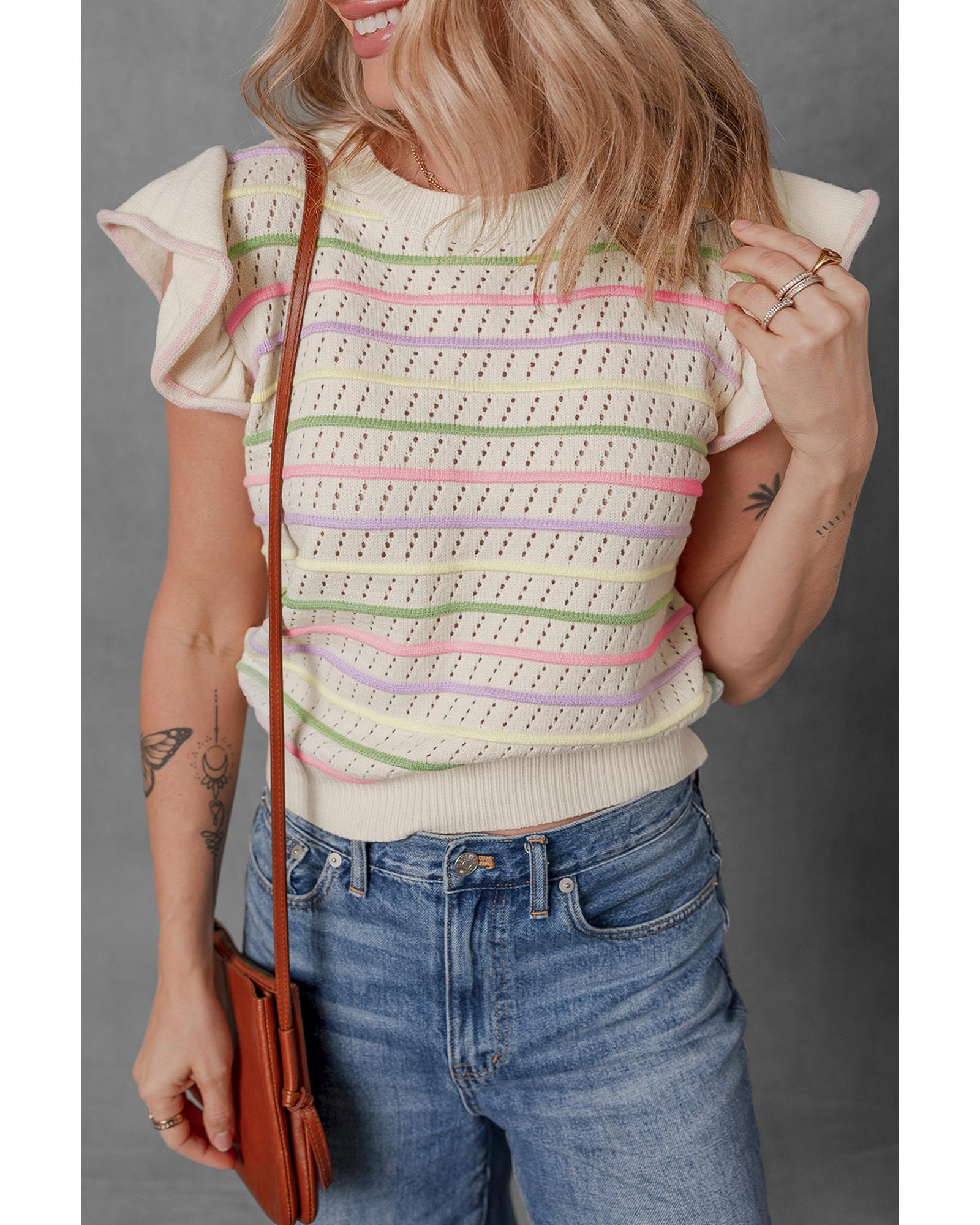 Oatmeal Colorful Striped Eyelet Knit Ruffled Sleeve Sweater T Shirt - S 4