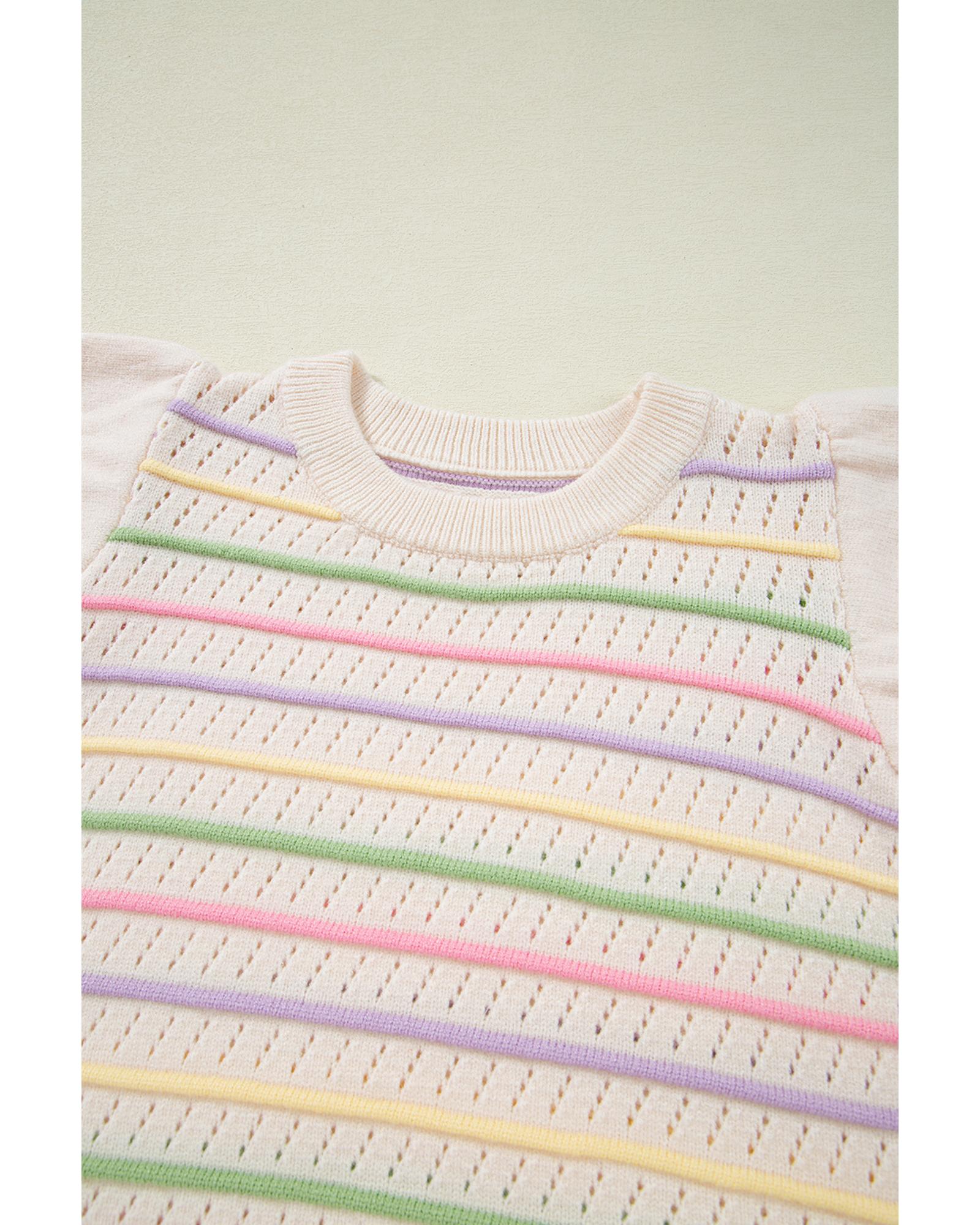Oatmeal Colorful Striped Eyelet Knit Ruffled Sleeve Sweater T Shirt - S 7