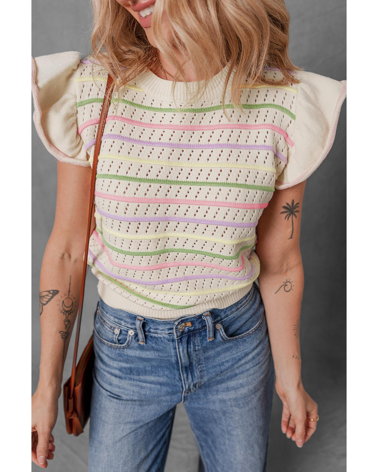 Oatmeal Colorful Striped Eyelet Knit Ruffled Sleeve Sweater T Shirt - XL
