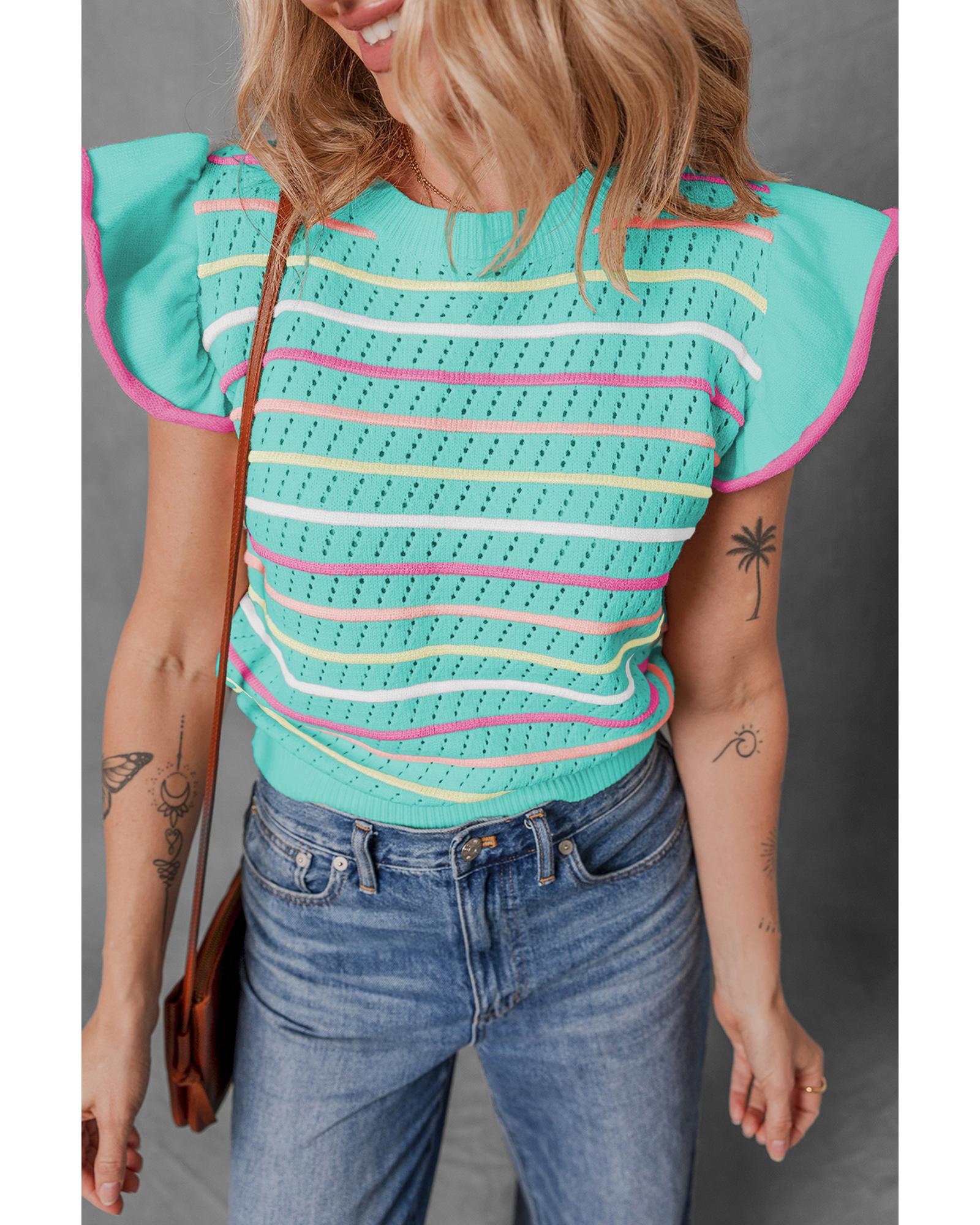 Green Colorful Striped Eyelet Knit Ruffled Sleeve Sweater T Shirt - L