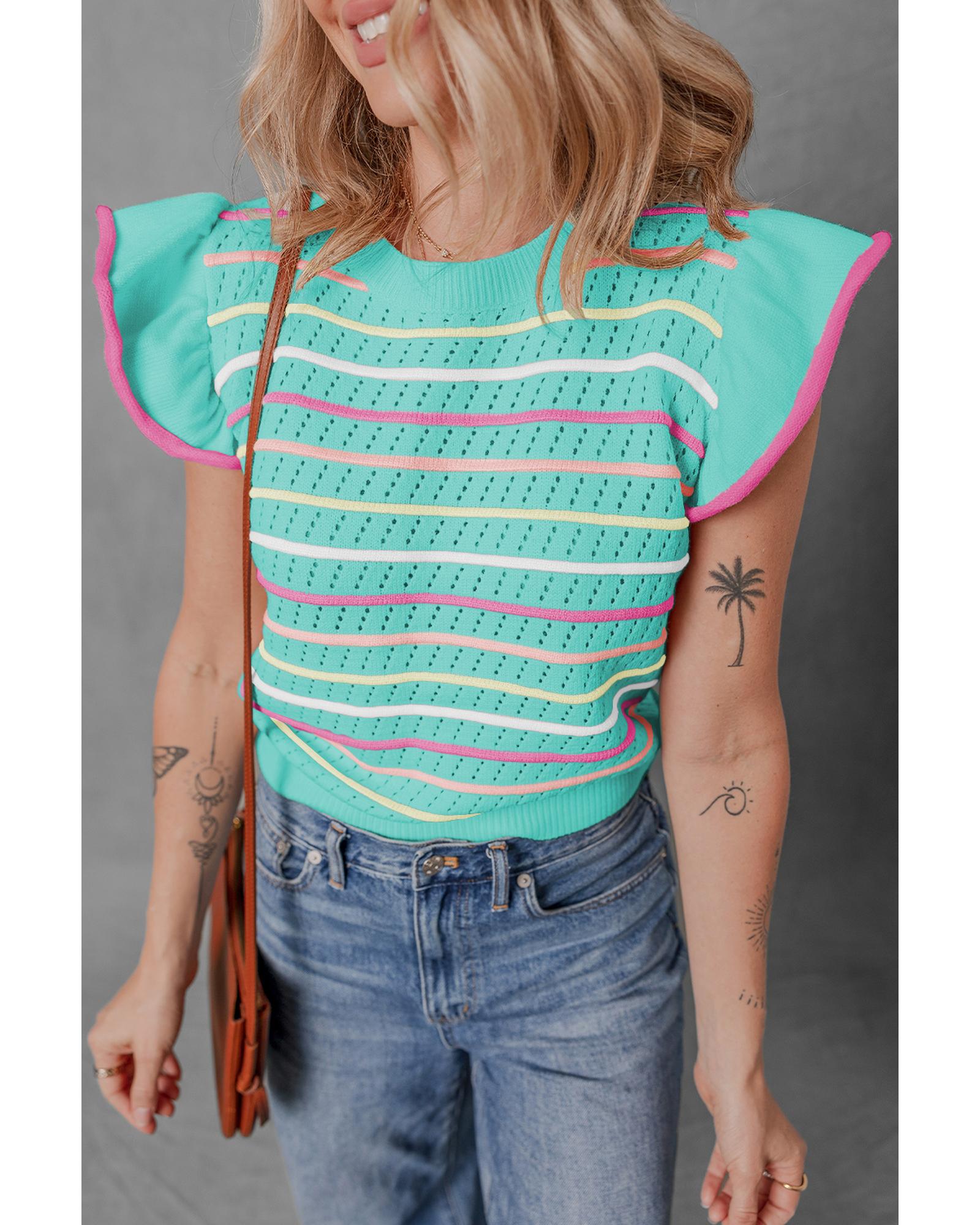 Green Colorful Striped Eyelet Knit Ruffled Sleeve Sweater T Shirt - L 3