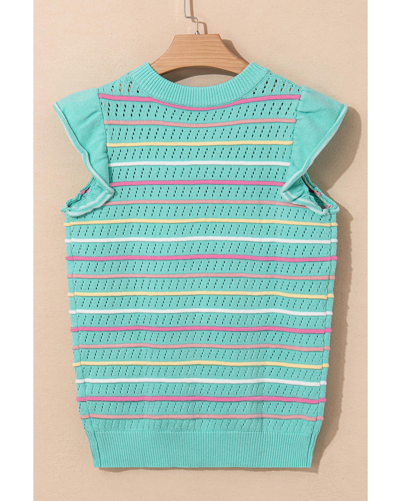 Green Colorful Striped Eyelet Knit Ruffled Sleeve Sweater T Shirt - L 5