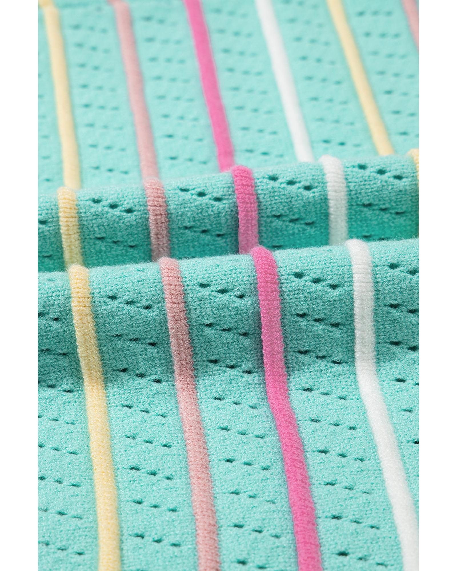 Green Colorful Striped Eyelet Knit Ruffled Sleeve Sweater T Shirt - L 6