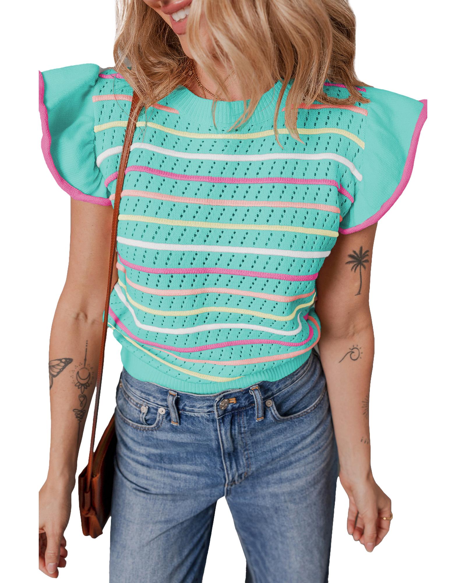 Green Colorful Striped Eyelet Knit Ruffled Sleeve Sweater T Shirt - S 4