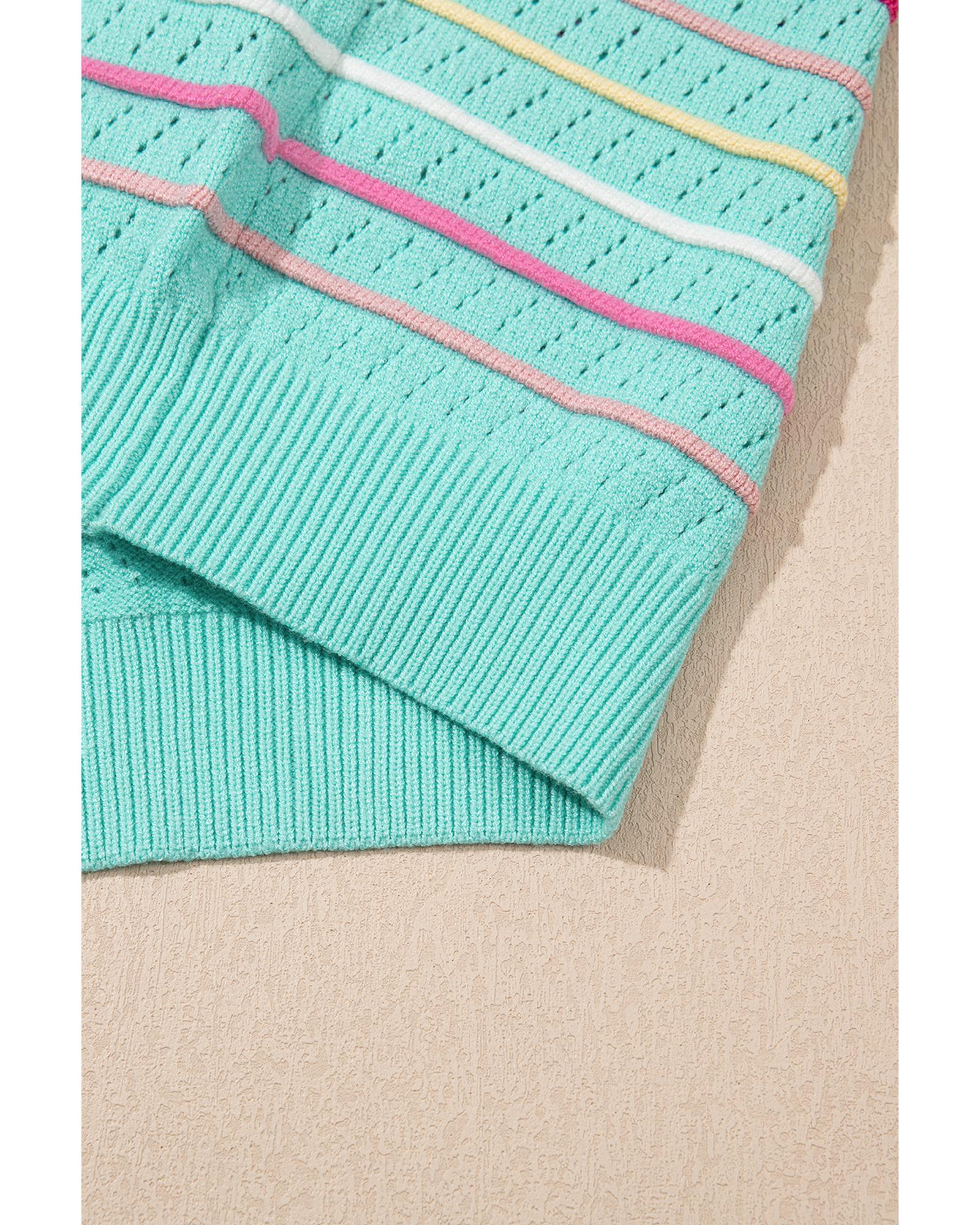 Green Colorful Striped Eyelet Knit Ruffled Sleeve Sweater T Shirt - S 7