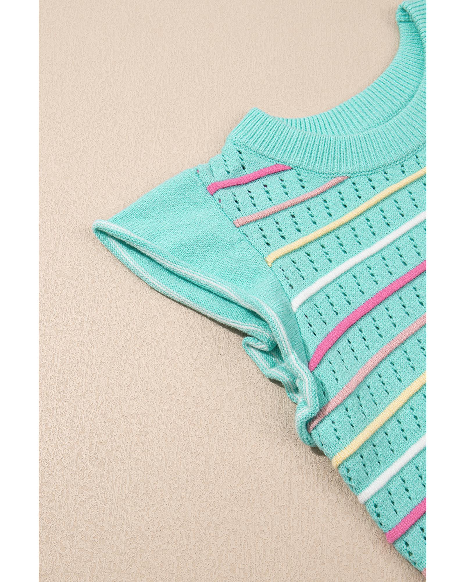 Green Colorful Striped Eyelet Knit Ruffled Sleeve Sweater T Shirt - S 8