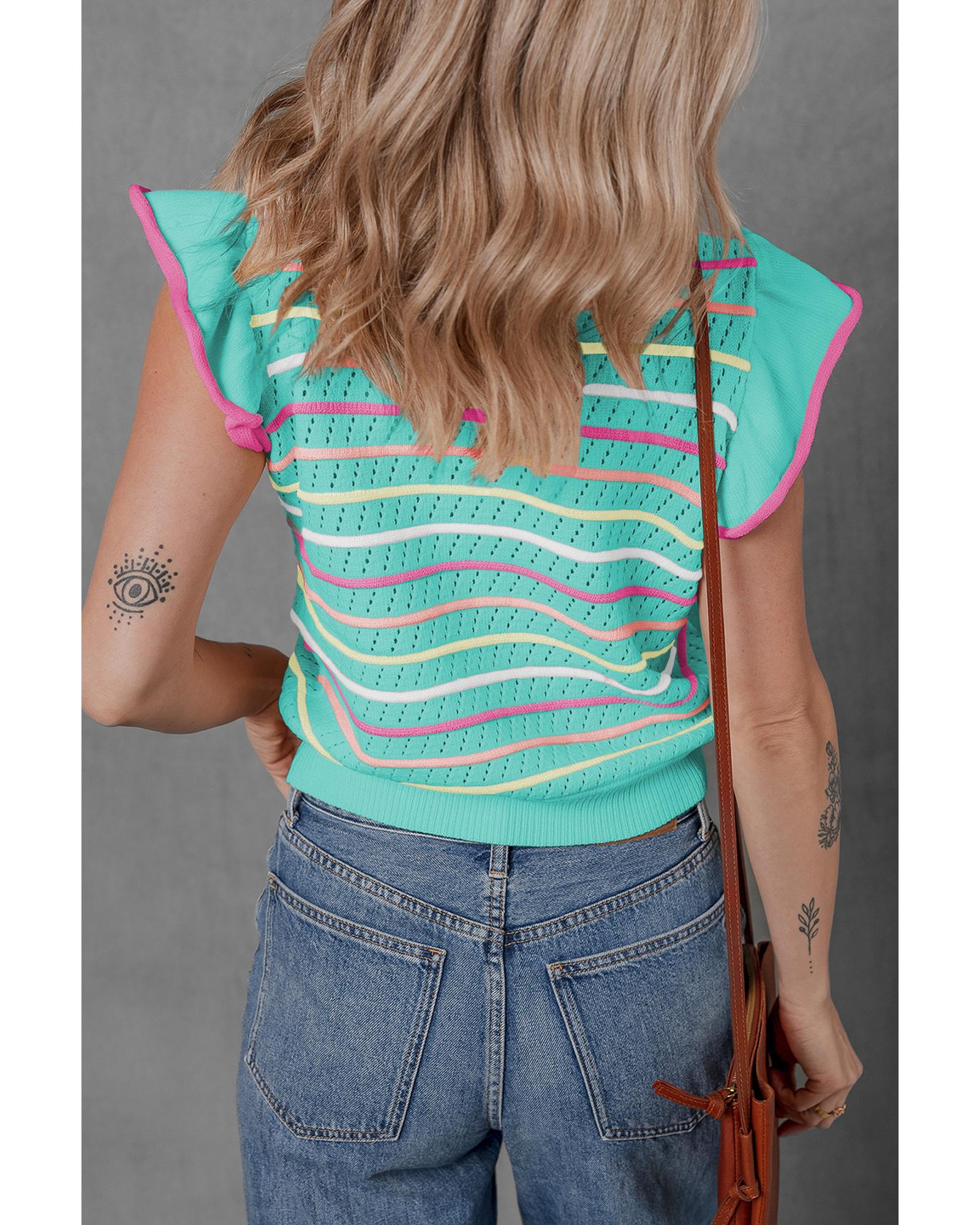 Green Colorful Striped Eyelet Knit Ruffled Sleeve Sweater T Shirt - XL
