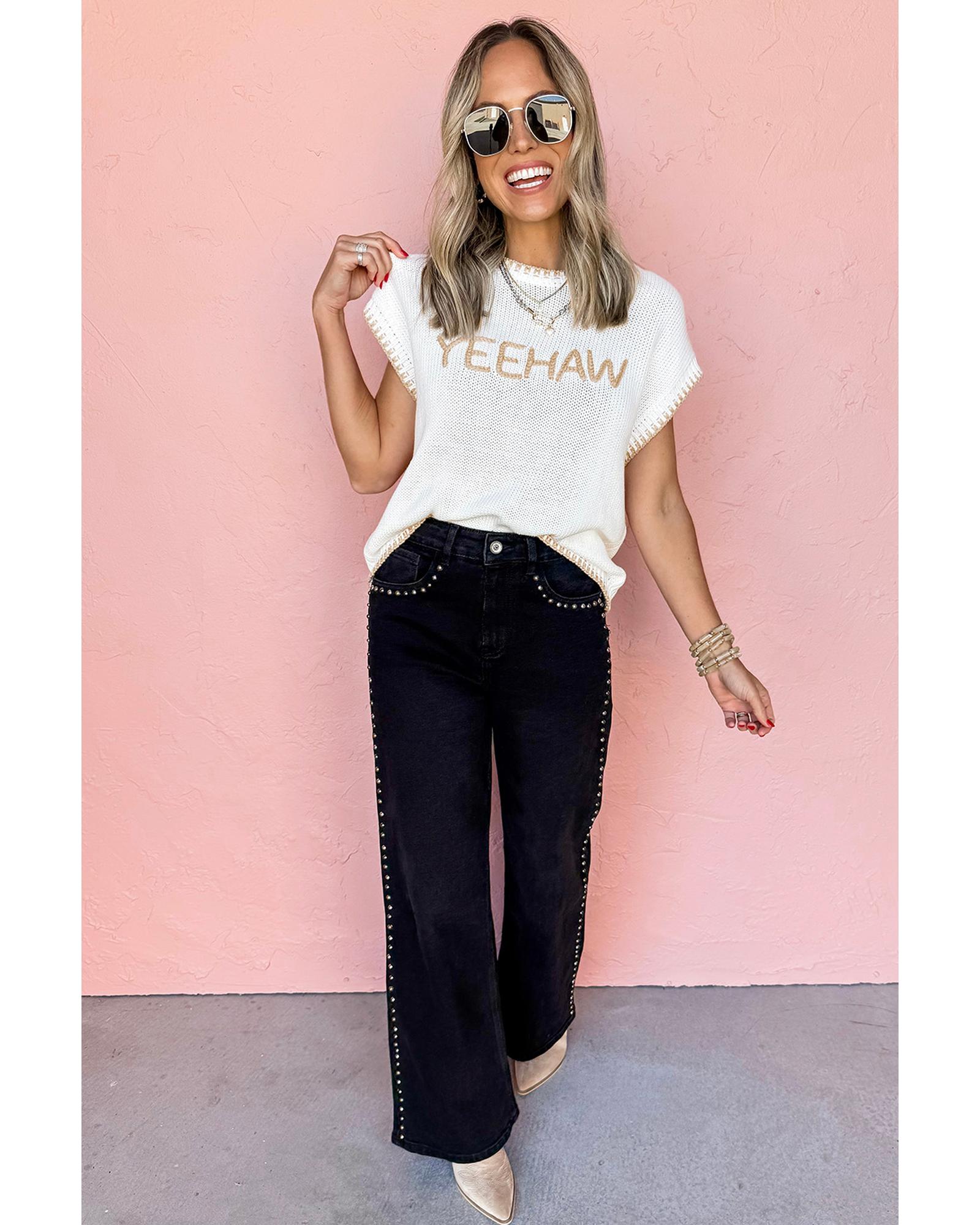 White Knitted YEEHAW Stitch Edge Crew Neck Sweater T Shirt - L 3