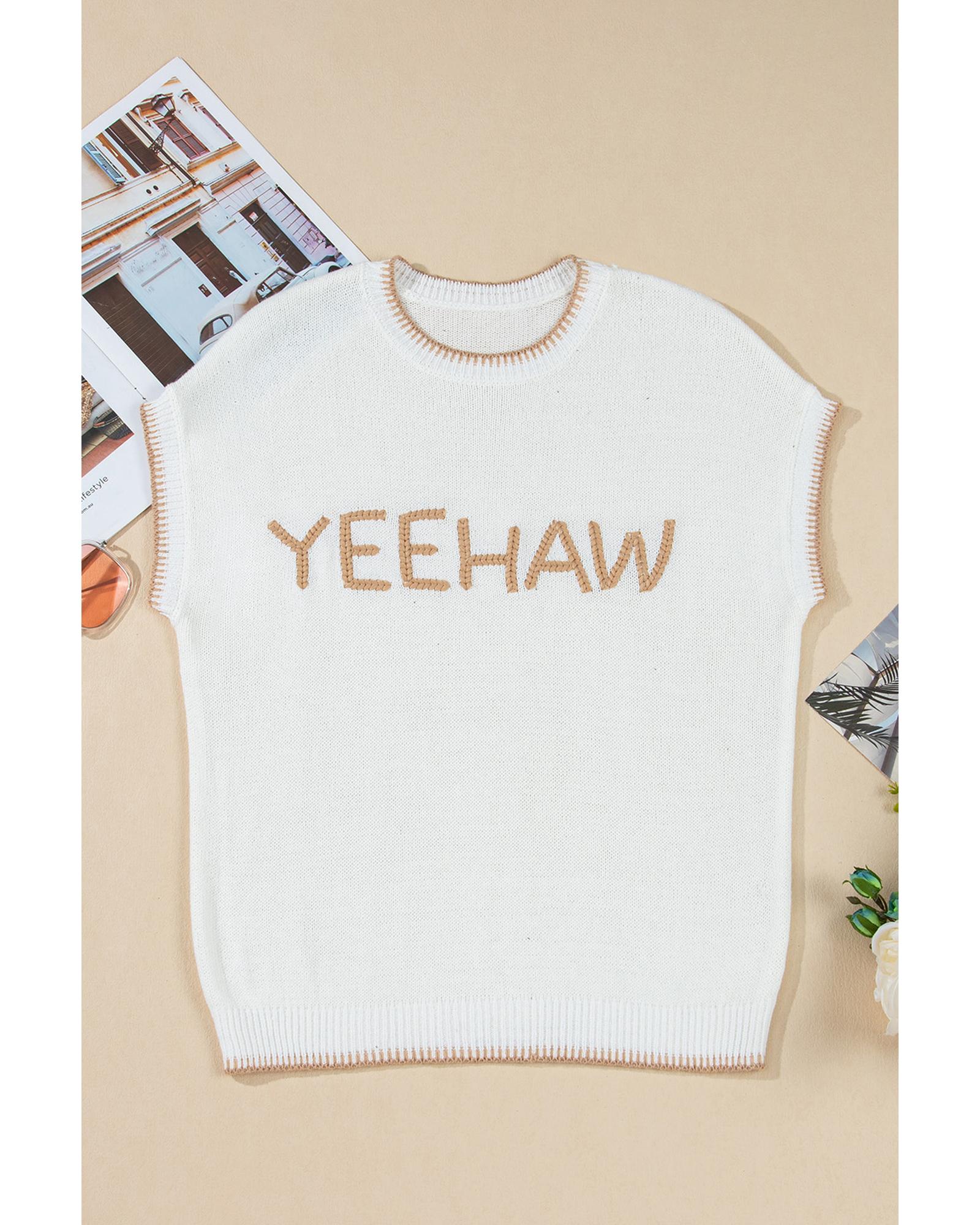 White Knitted YEEHAW Stitch Edge Crew Neck Sweater T Shirt - L 6