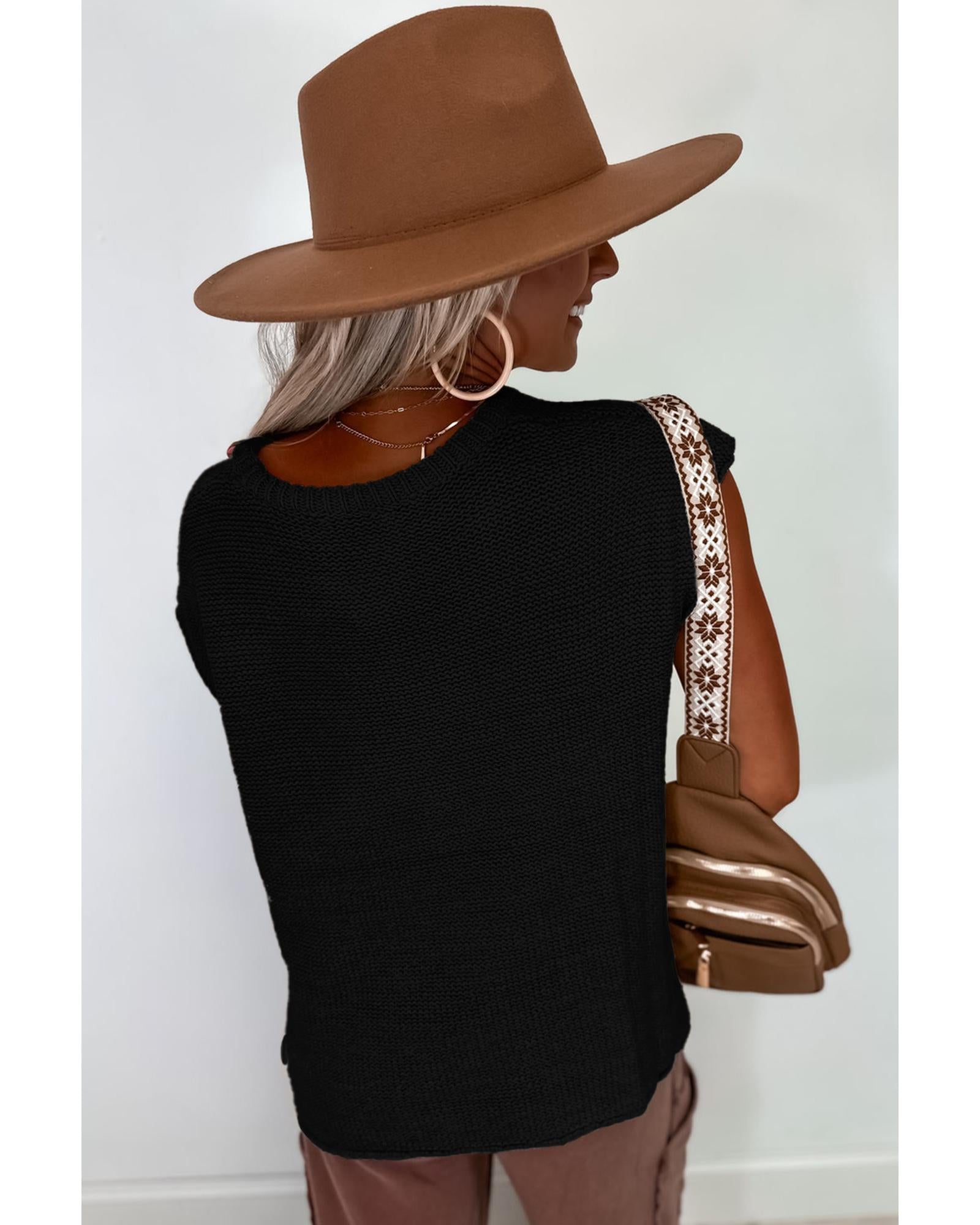 Black Solid Color Sweater Tee with Side Slits - L