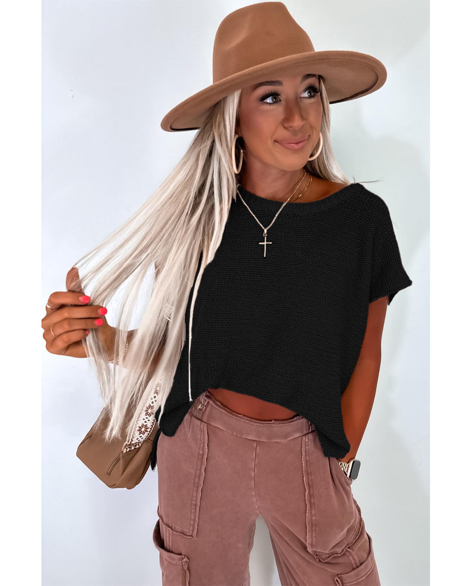 Black Solid Color Sweater Tee with Side Slits - L 6