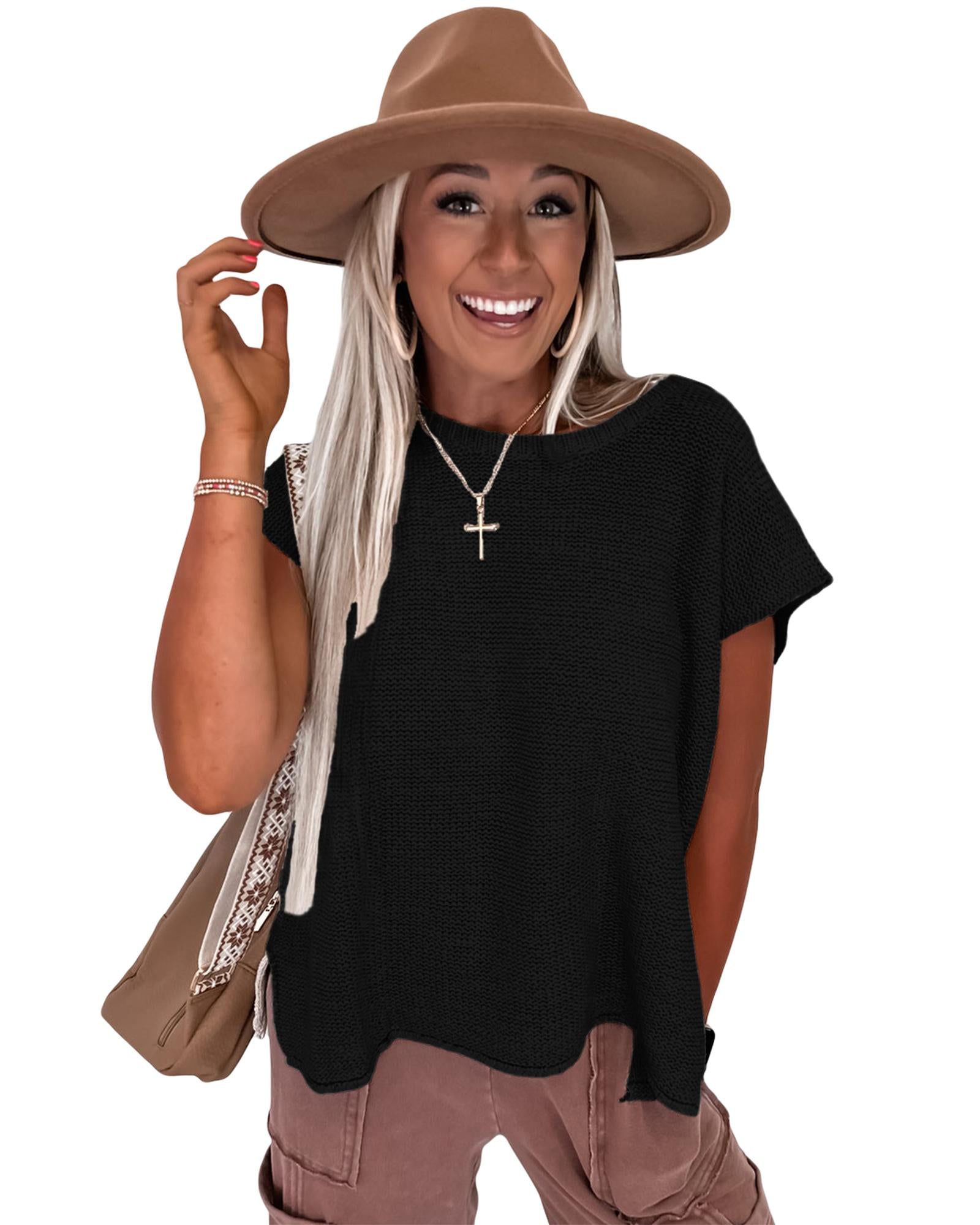 Black Solid Color Sweater Tee with Side Slits - L 8