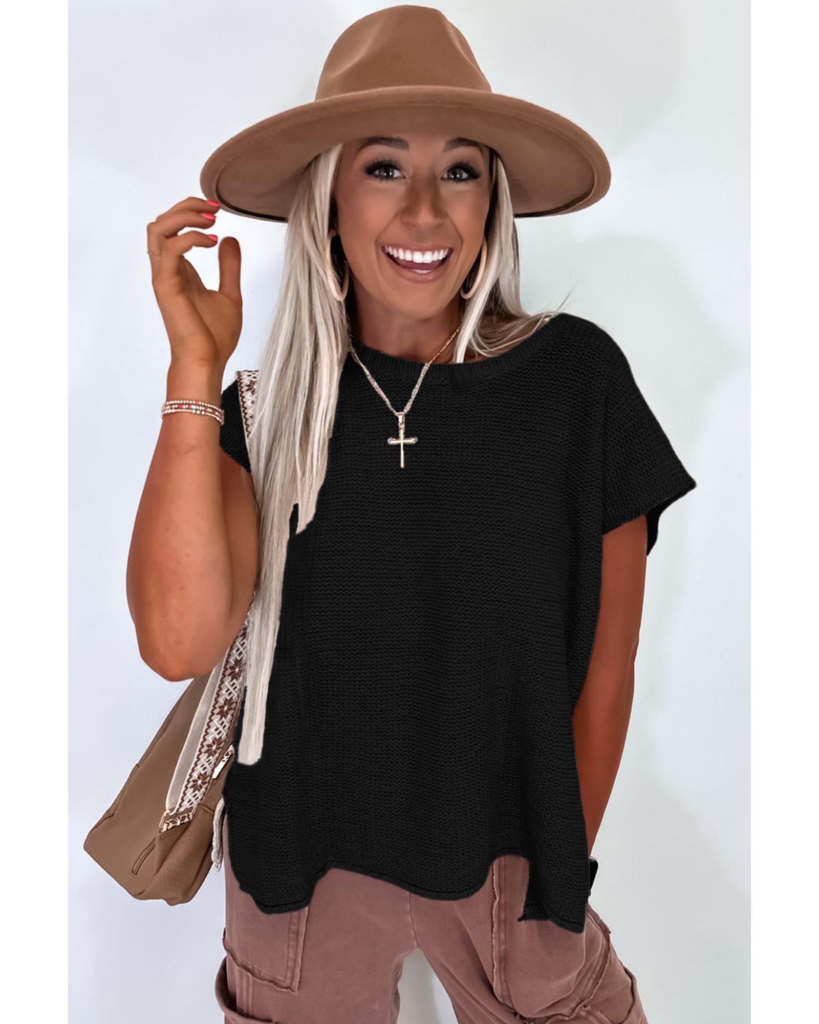 Black Solid Color Sweater Tee with Side Slits - XL 3