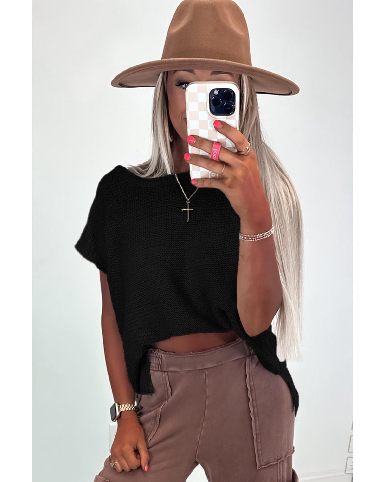 Black Solid Color Sweater Tee with Side Slits - XL 4