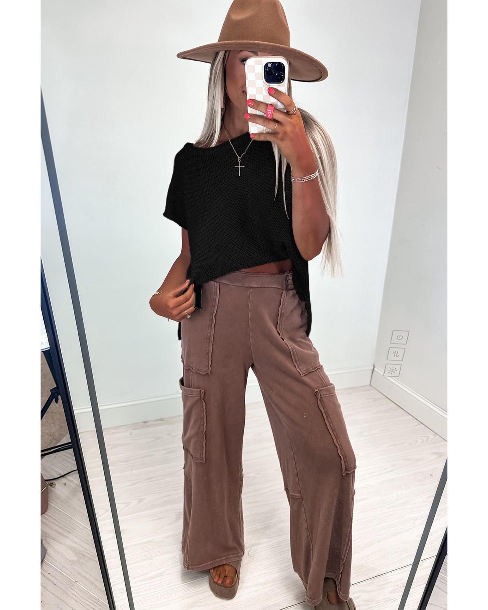 Black Solid Color Sweater Tee with Side Slits - XL 5