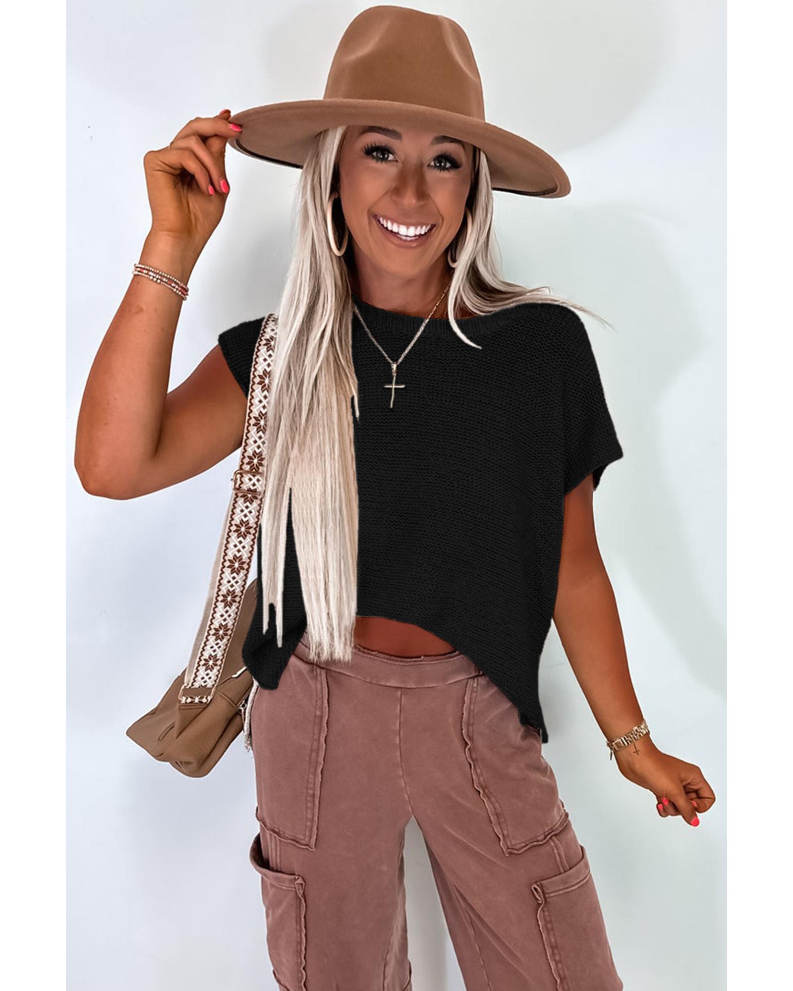 Black Solid Color Sweater Tee with Side Slits - XL 7