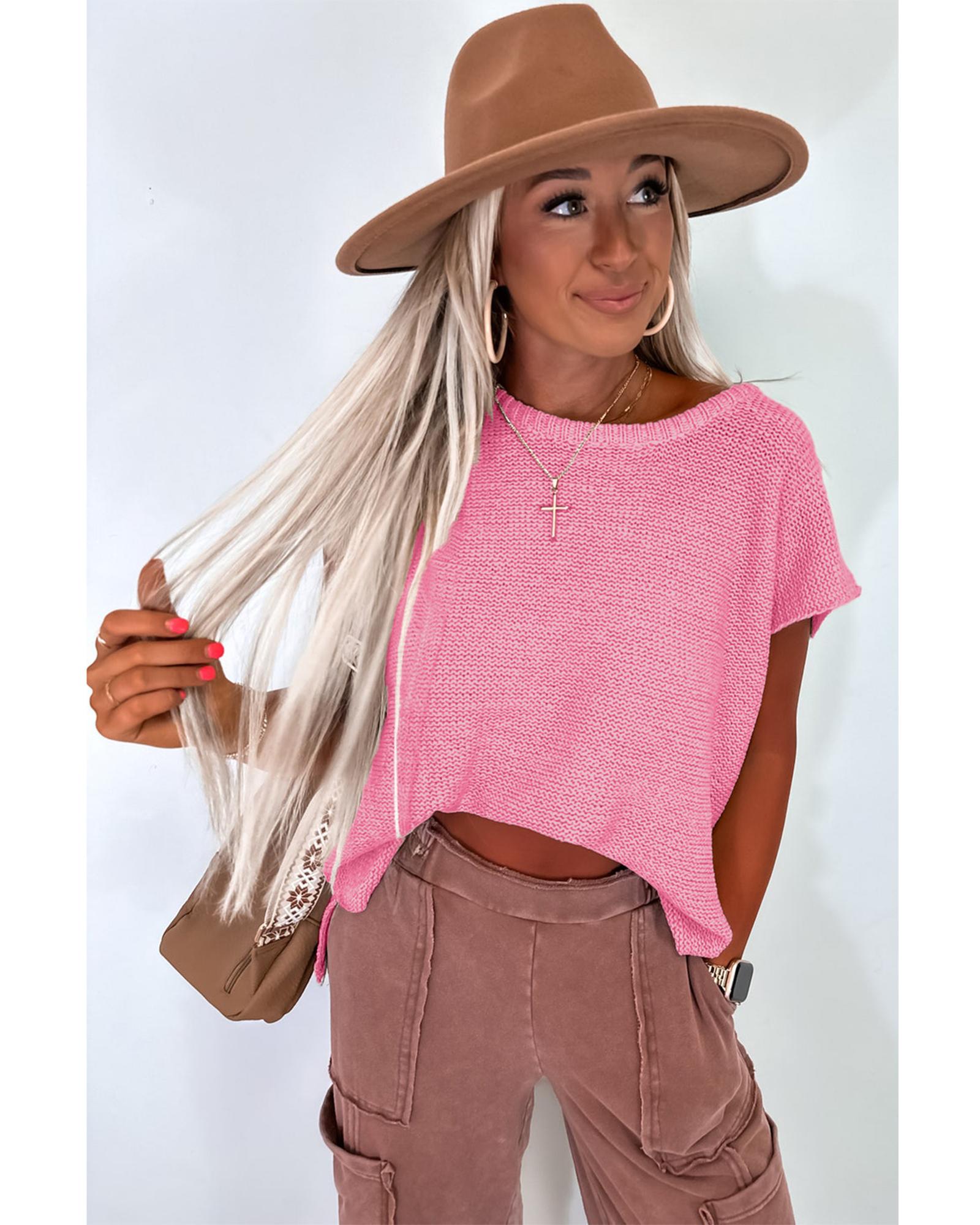 Sachet Pink Solid Color Sweater Tee with Side Slits - L 4