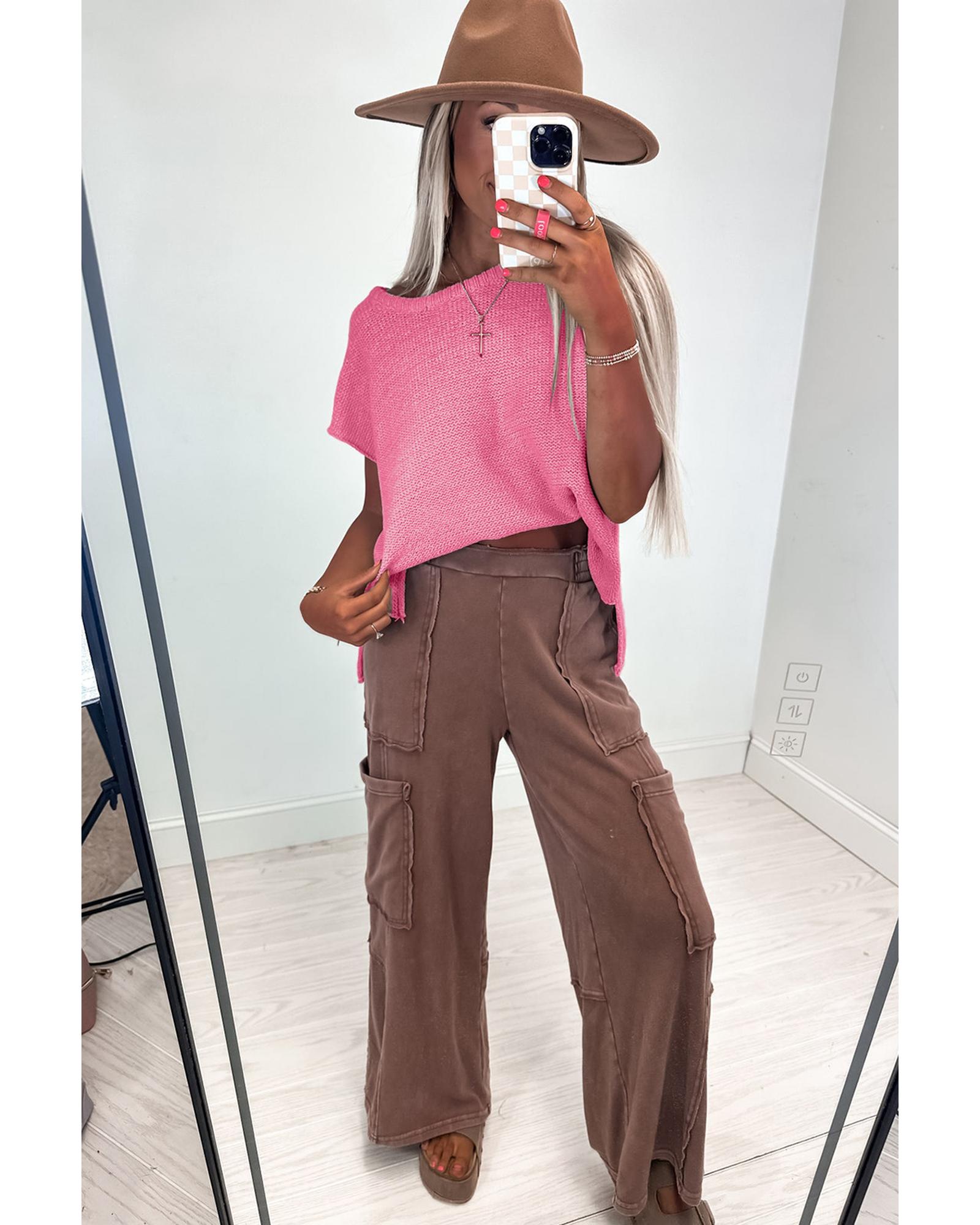 Sachet Pink Solid Color Sweater Tee with Side Slits - S 5