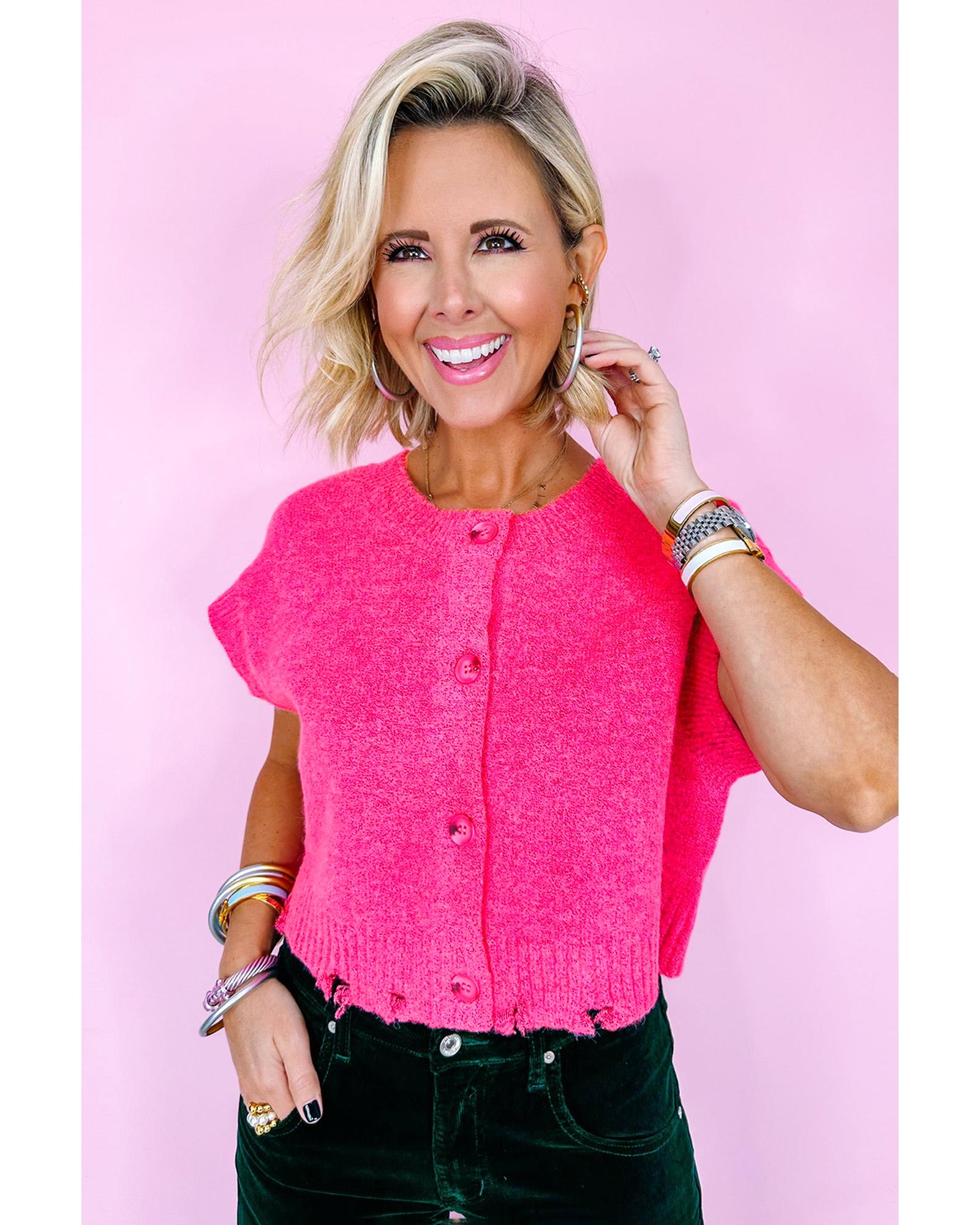 Bright Pink Distressed Hem Short Sleeve Knitted Button Front Sweater - L 3