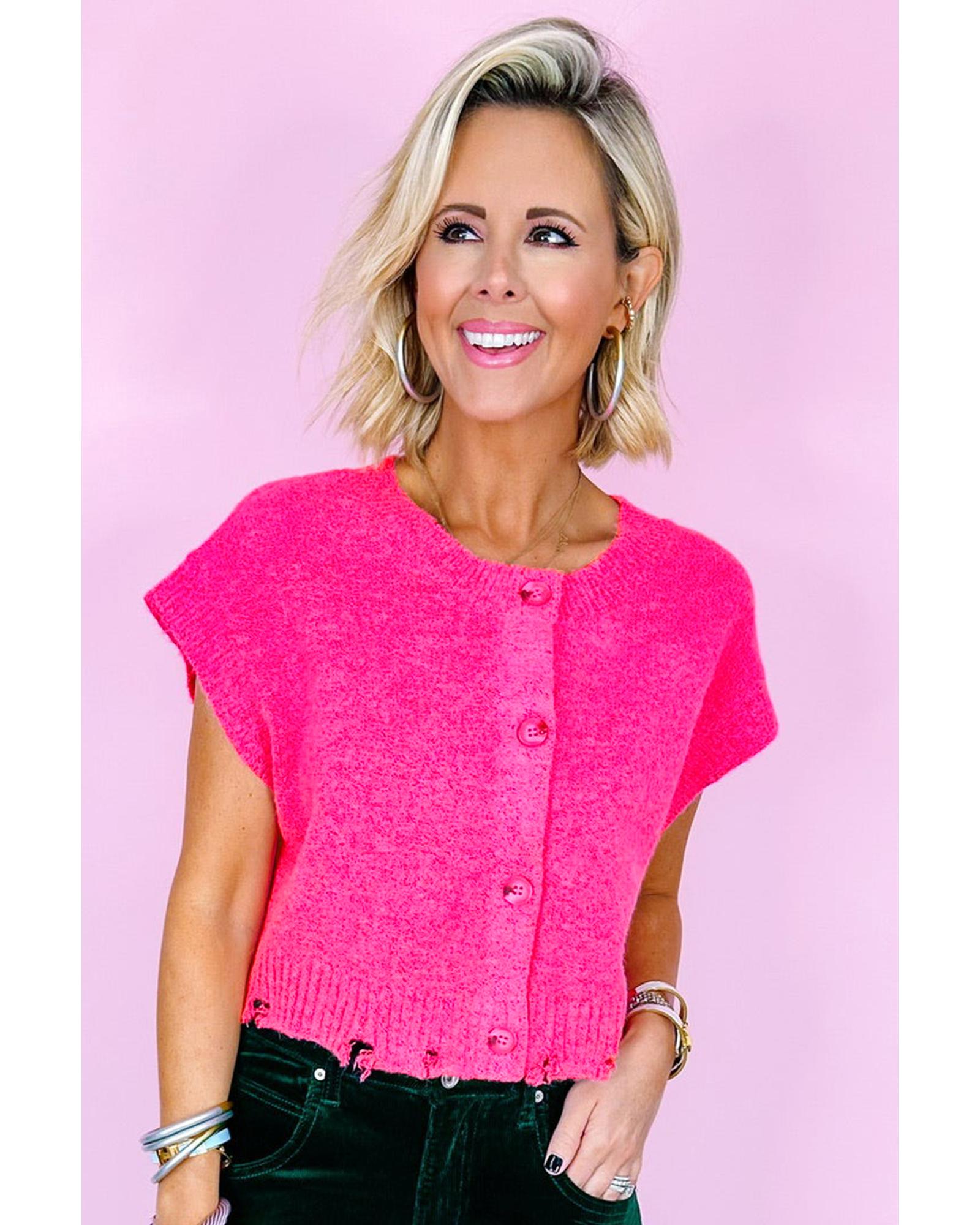 Bright Pink Distressed Hem Short Sleeve Knitted Button Front Sweater - L 4