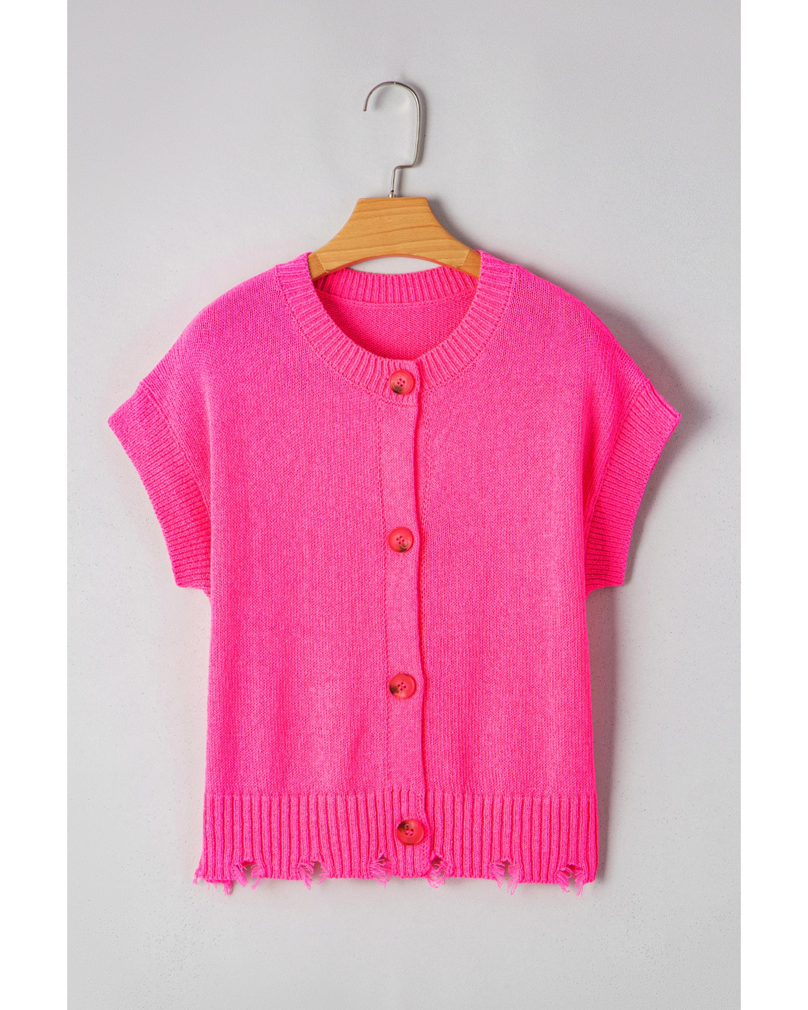 Bright Pink Distressed Hem Short Sleeve Knitted Button Front Sweater - L 6