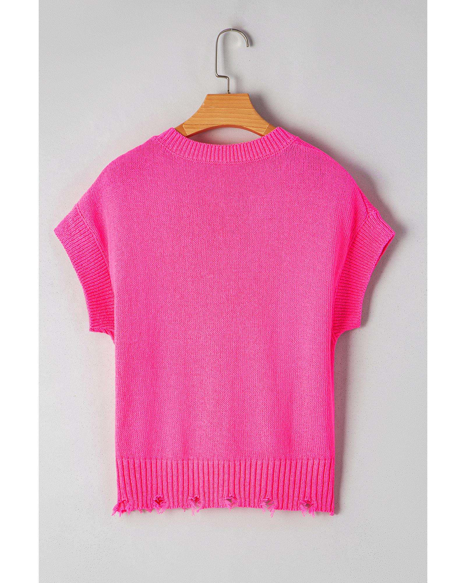 Bright Pink Distressed Hem Short Sleeve Knitted Button Front Sweater - L 7