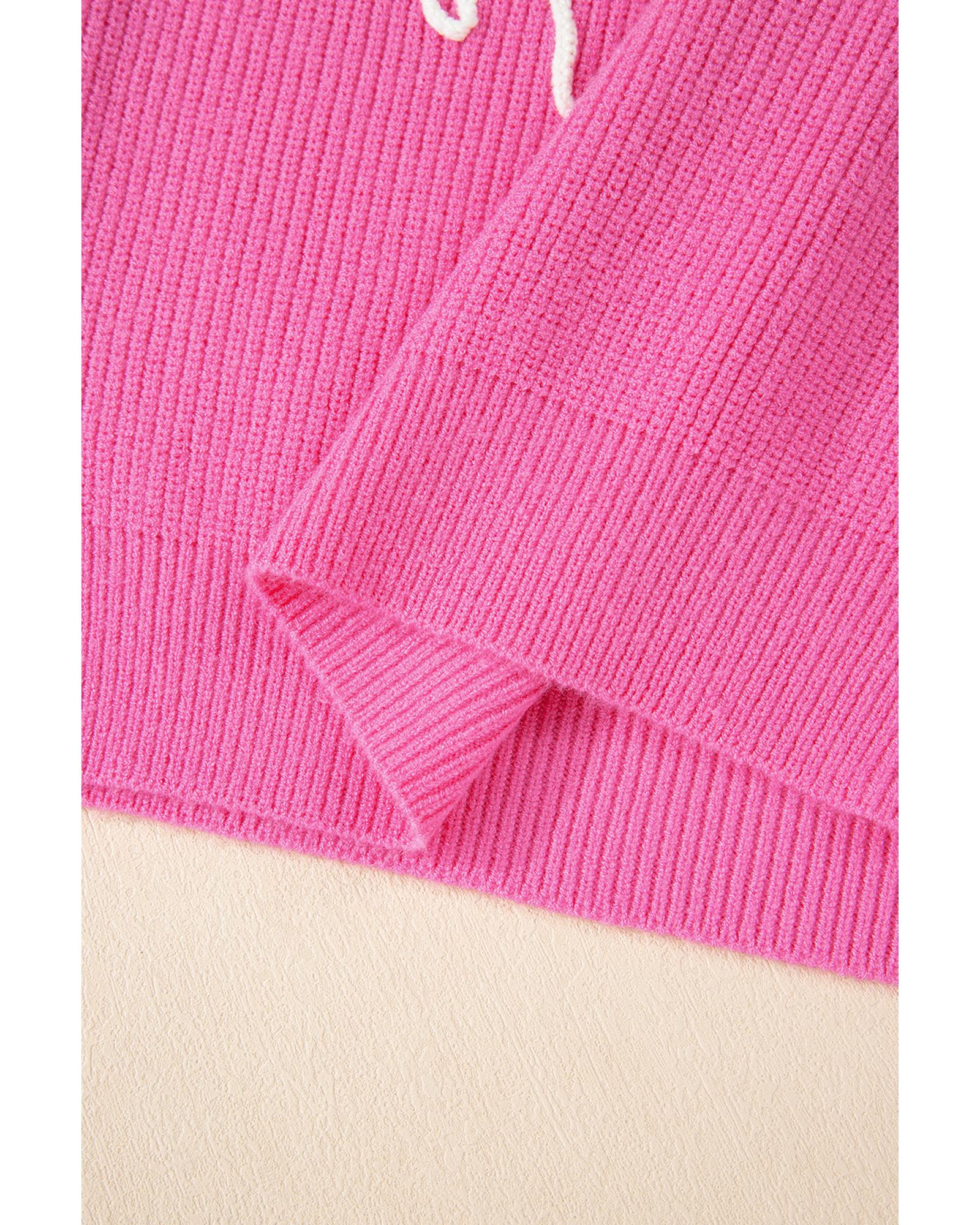 Bright Pink Western Horse Embroidered Round Neck Sweater Tee - S 8