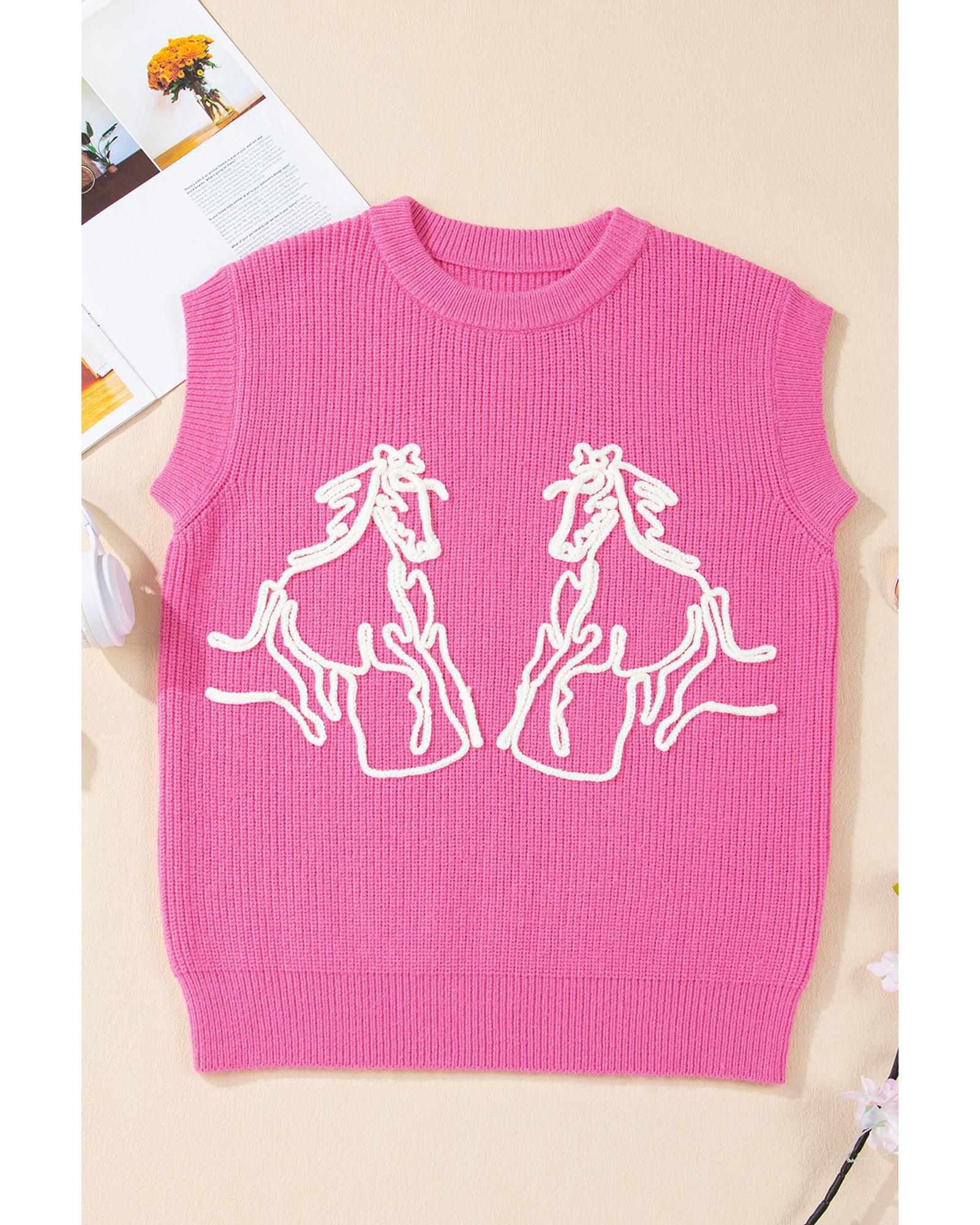 Bright Pink Western Horse Embroidered Round Neck Sweater Tee - XL 3