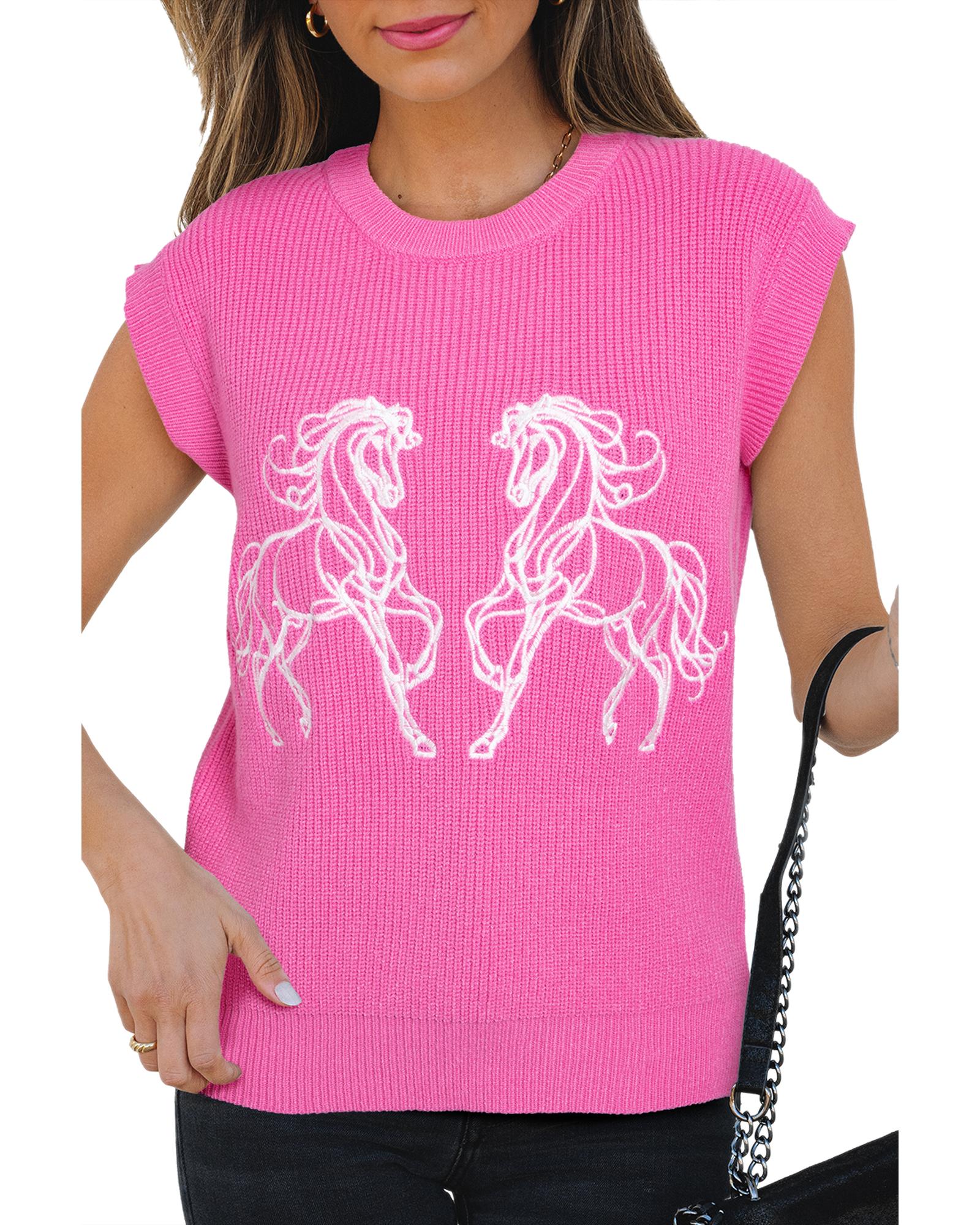 Sachet Pink Western Horse Embroidered Round Neck Sweater Tee - XL 3
