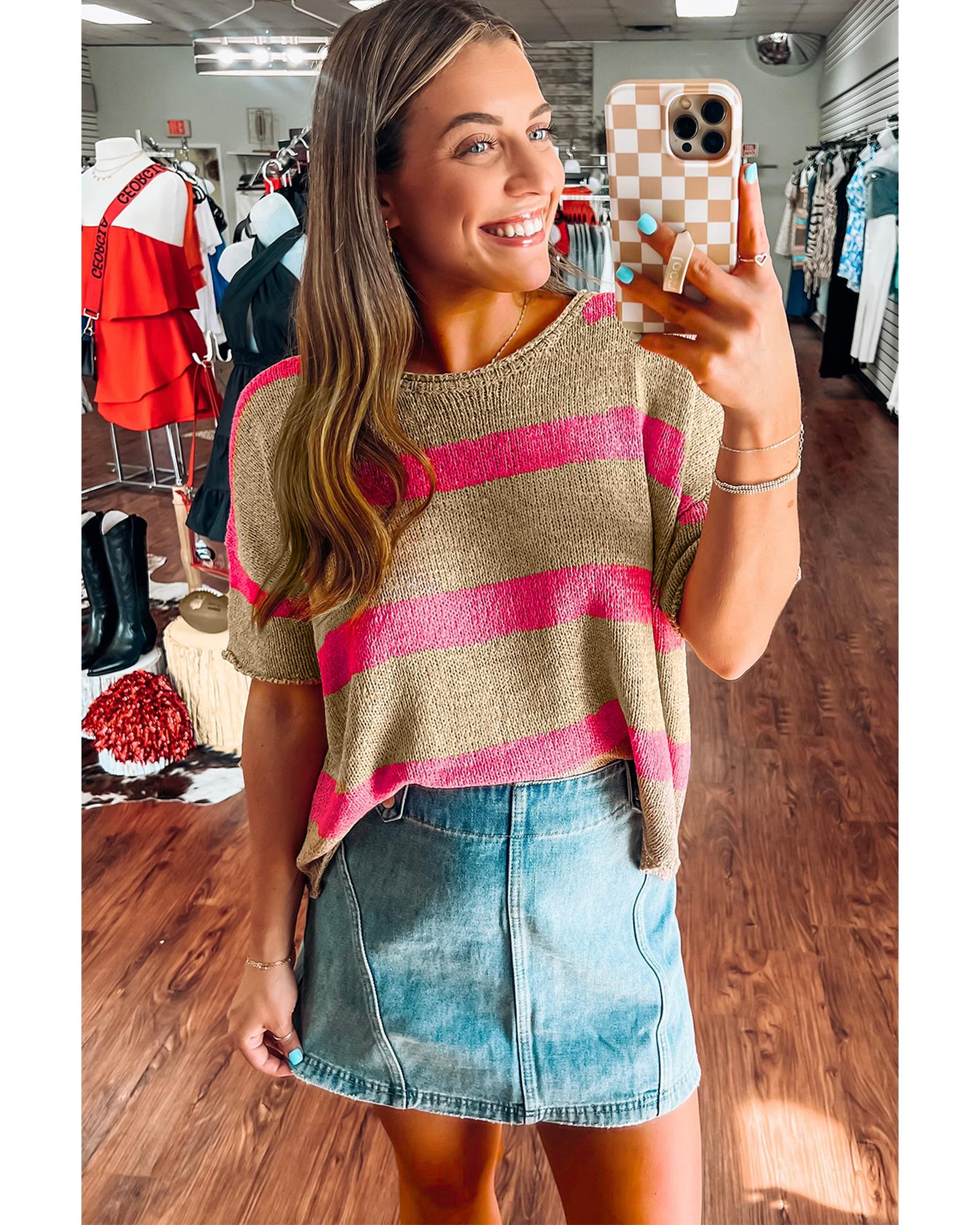 Pink Stripe Colorblock Short Sleeve Crew Neck Lightweight Sweater - M 3