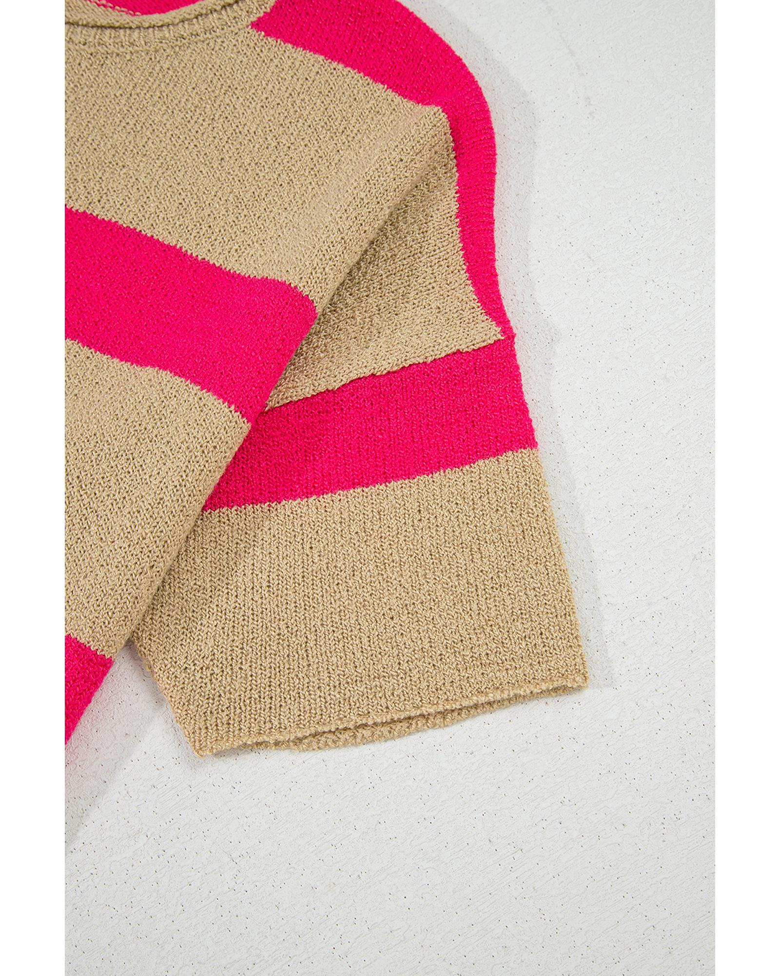 Pink Stripe Colorblock Short Sleeve Crew Neck Lightweight Sweater - S 7