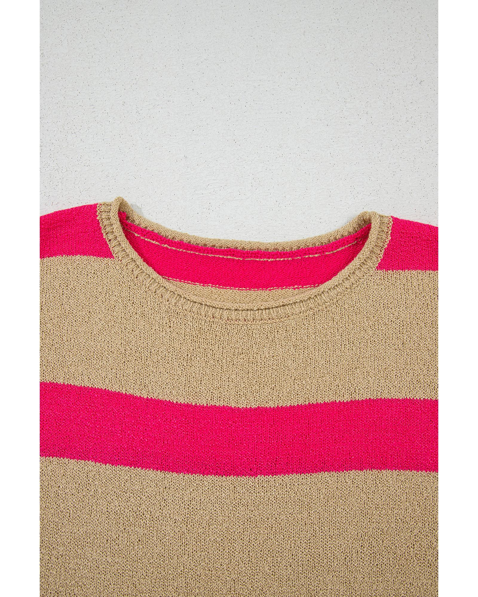 Pink Stripe Colorblock Short Sleeve Crew Neck Lightweight Sweater - S 8