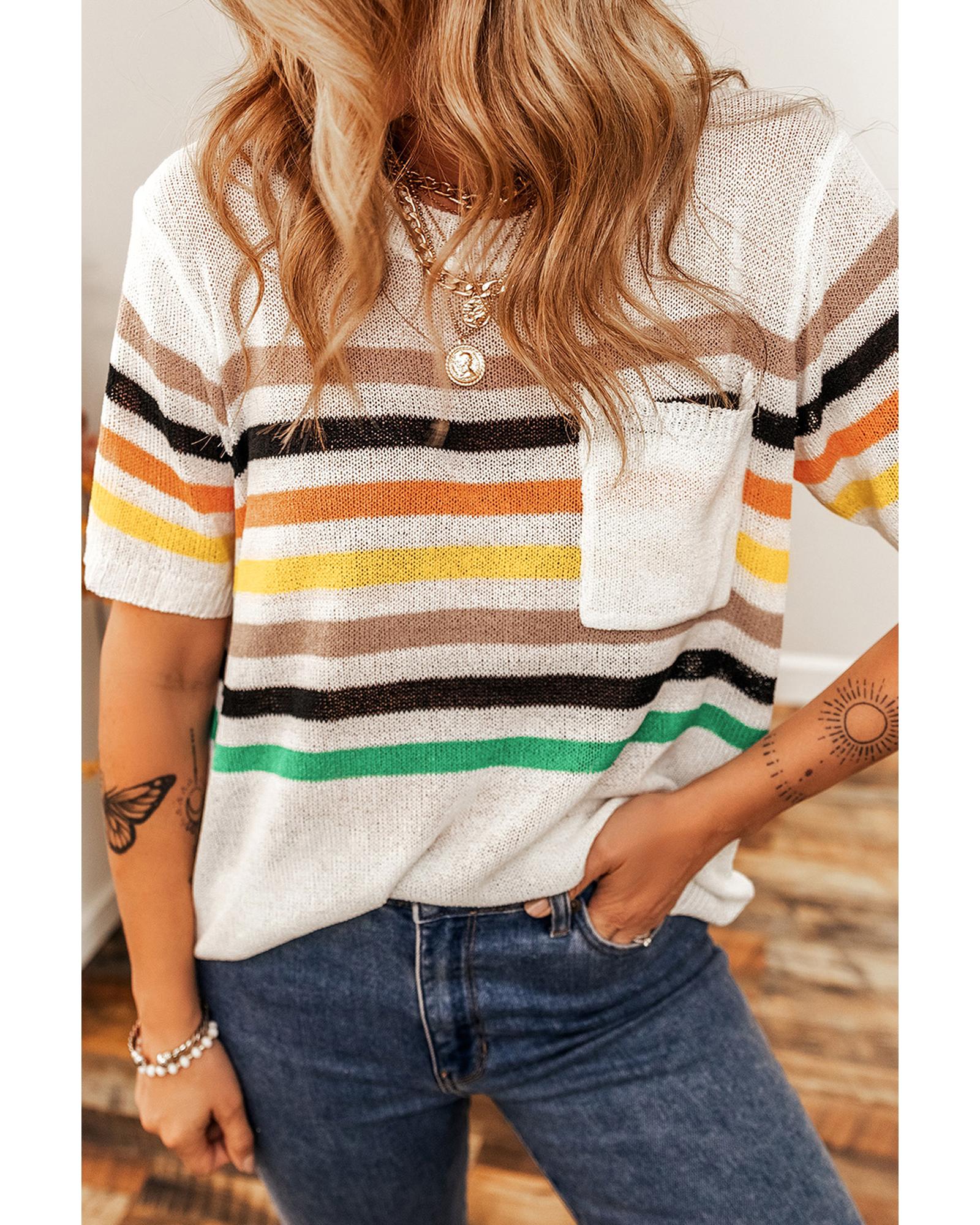 White Striped Pocketed Loose Fit Crewneck Knitted T Shirt - L 5
