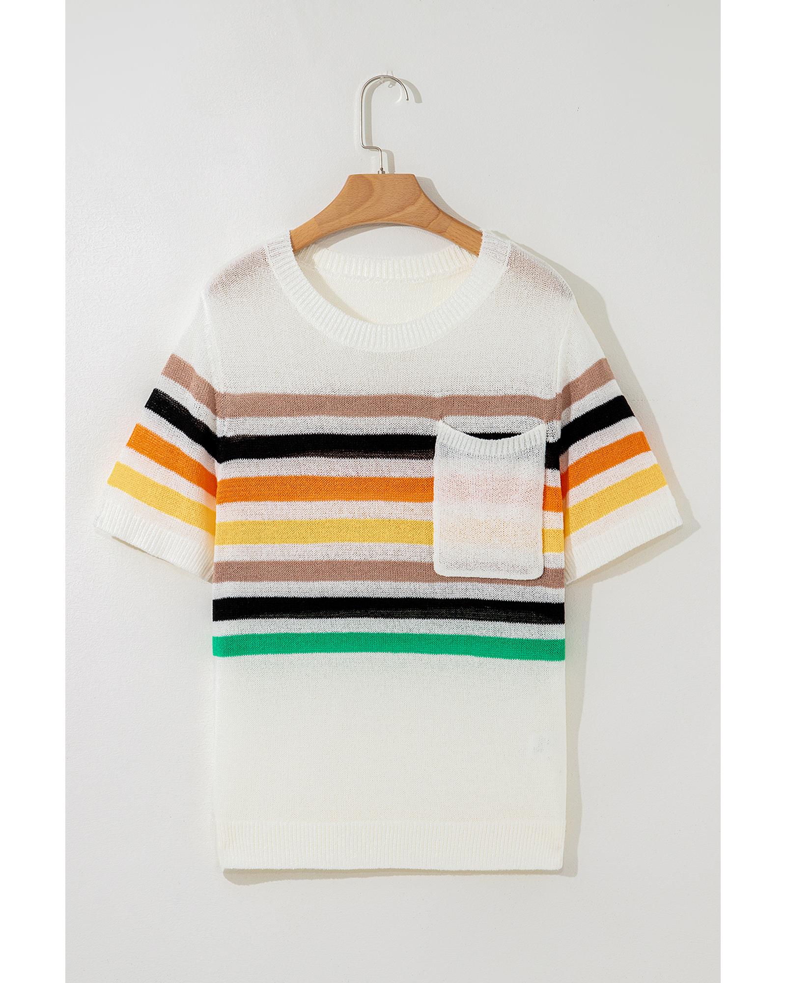 White Striped Pocketed Loose Fit Crewneck Knitted T Shirt - L 7