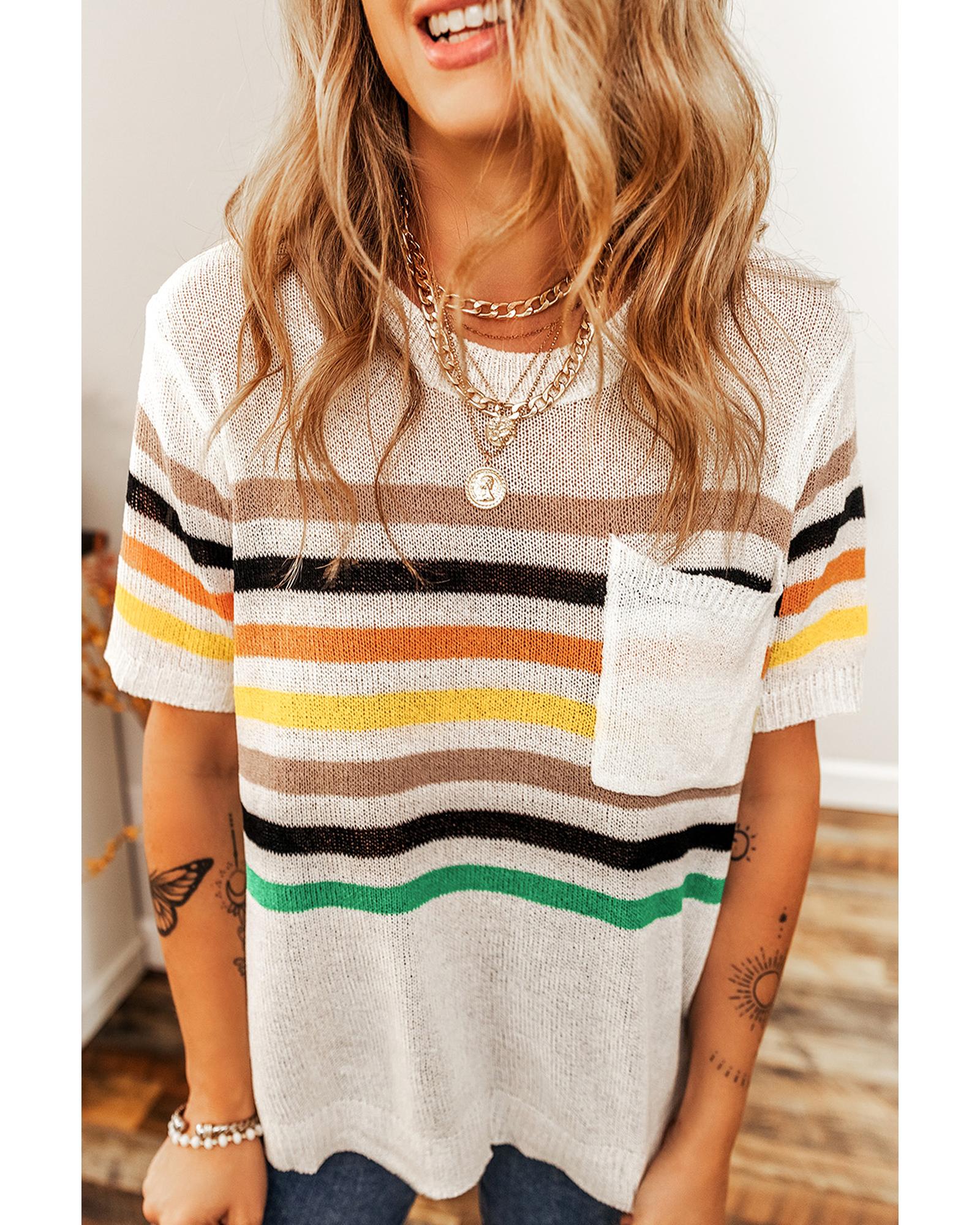 White Striped Pocketed Loose Fit Crewneck Knitted T Shirt - M 3
