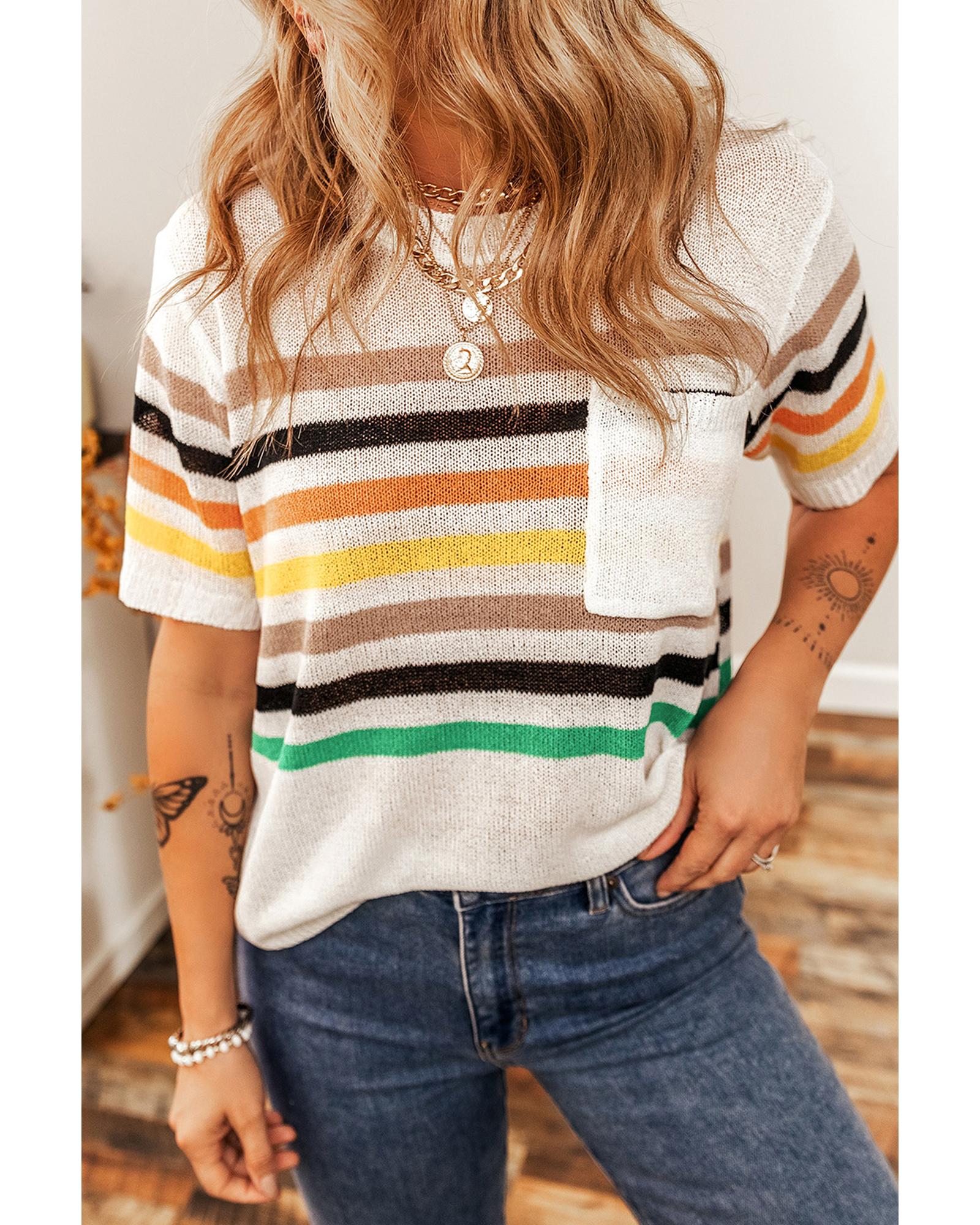 White Striped Pocketed Loose Fit Crewneck Knitted T Shirt - M 4