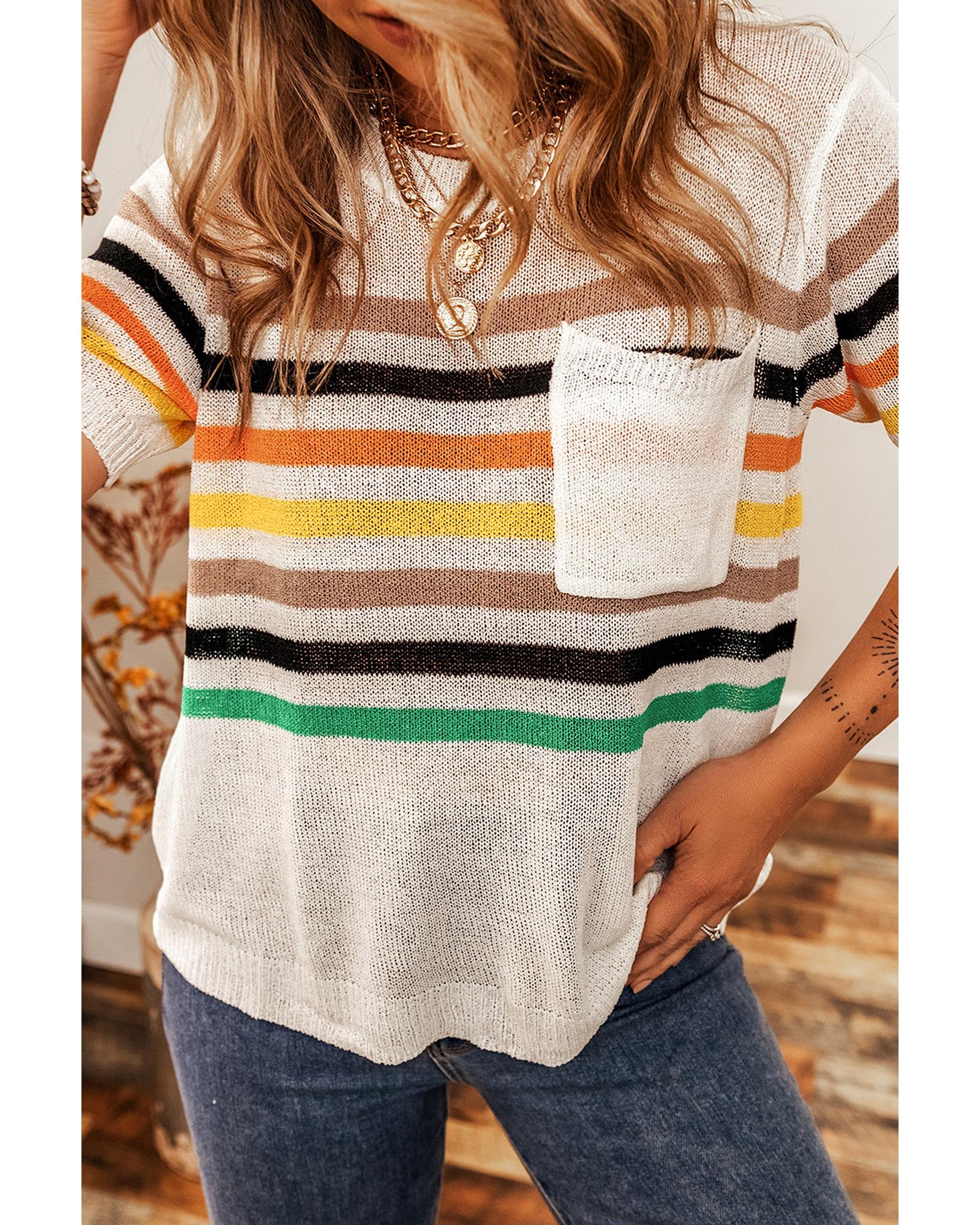 White Striped Pocketed Loose Fit Crewneck Knitted T Shirt - M 6