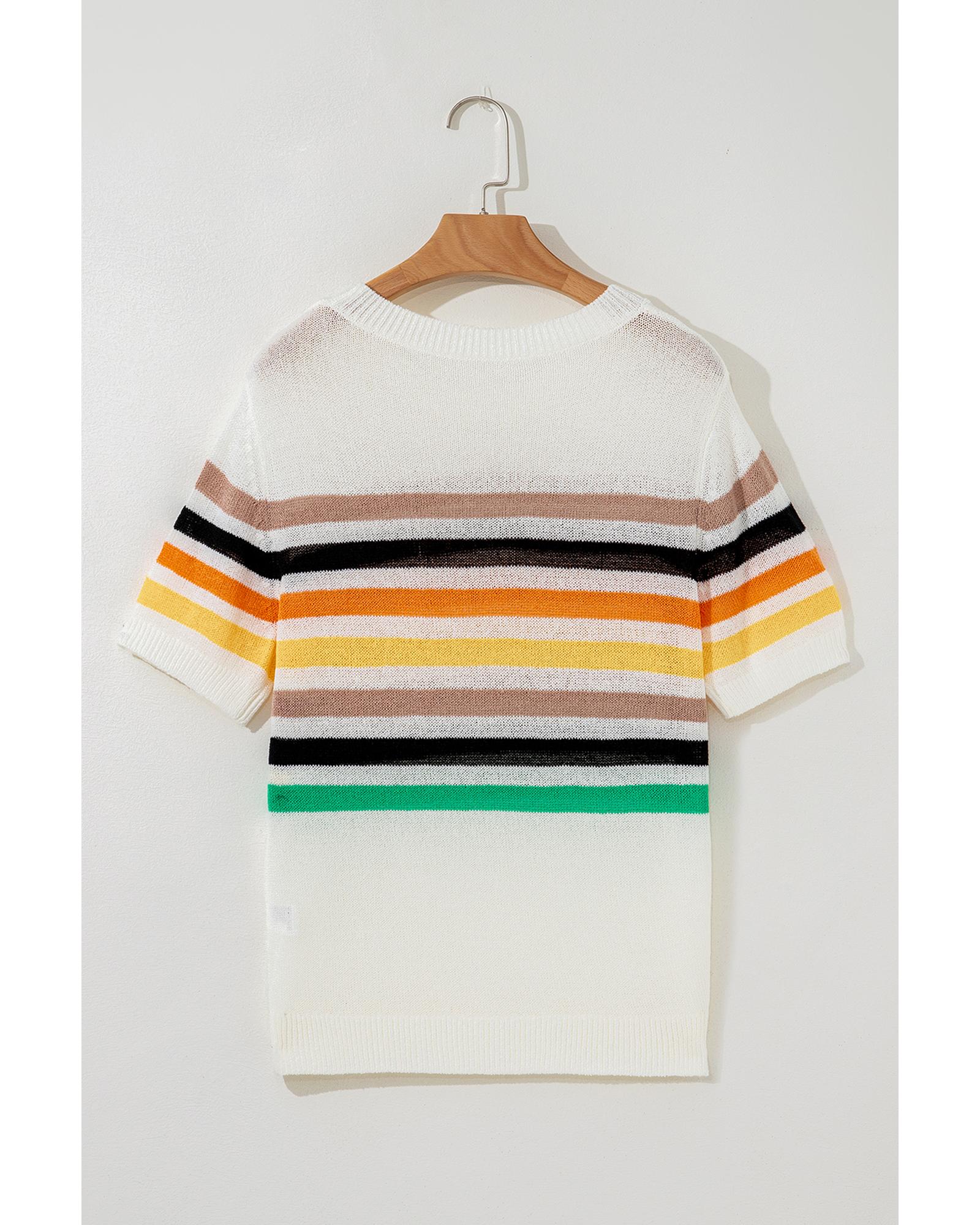 White Striped Pocketed Loose Fit Crewneck Knitted T Shirt - M 8