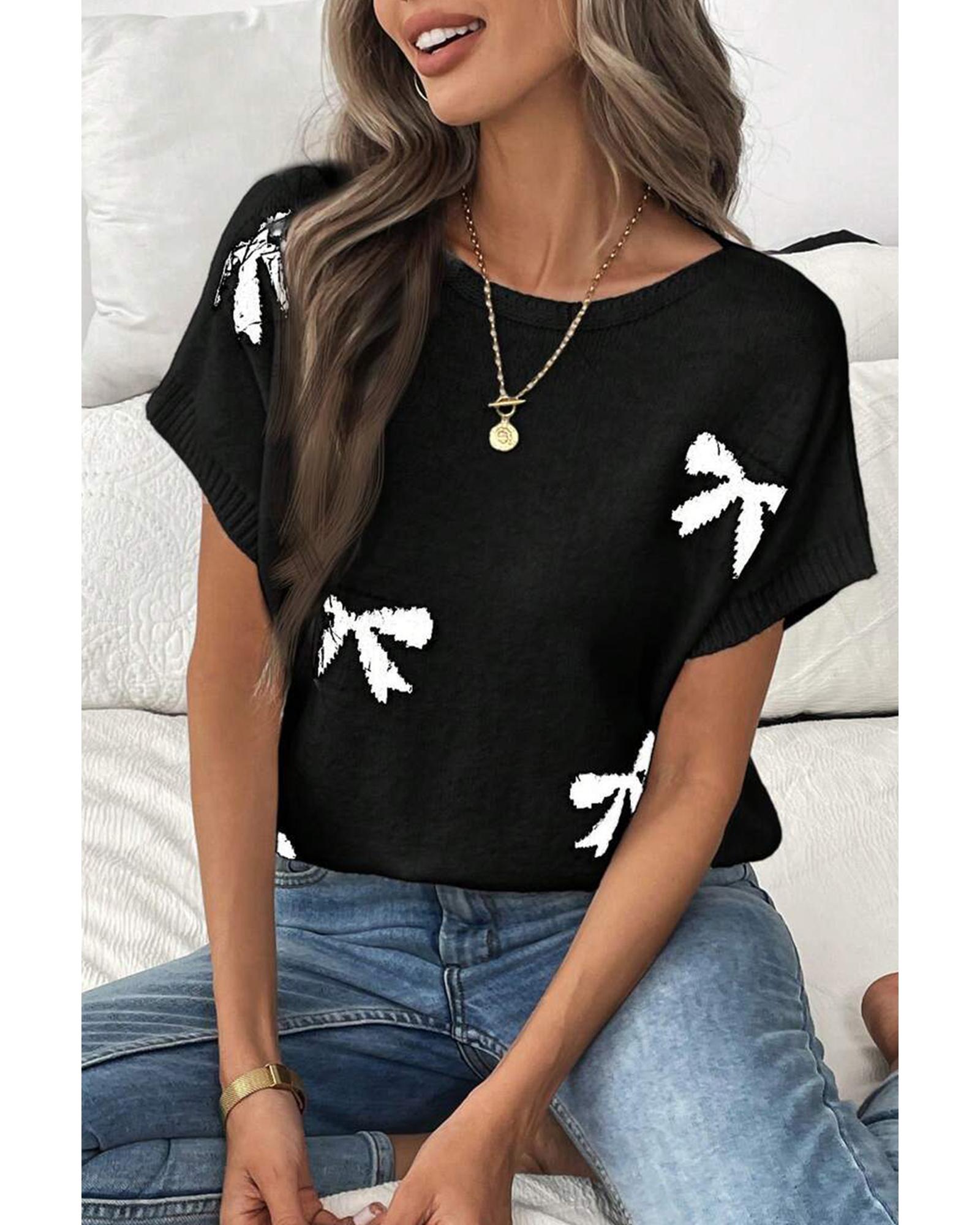 Black Bow Pattern Knit Short Sleeve Sweater - S