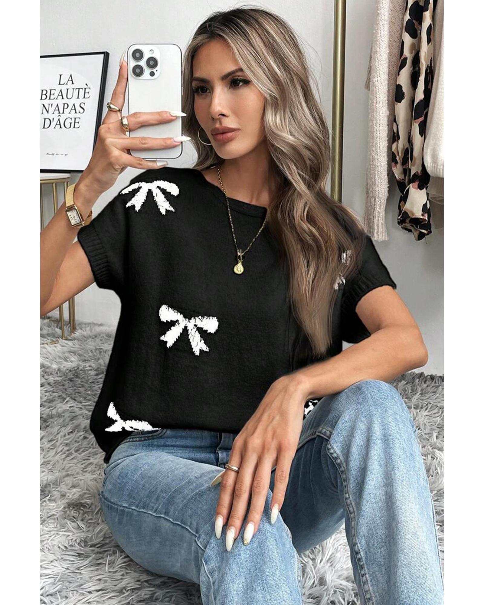 Black Bow Pattern Knit Short Sleeve Sweater - S 4