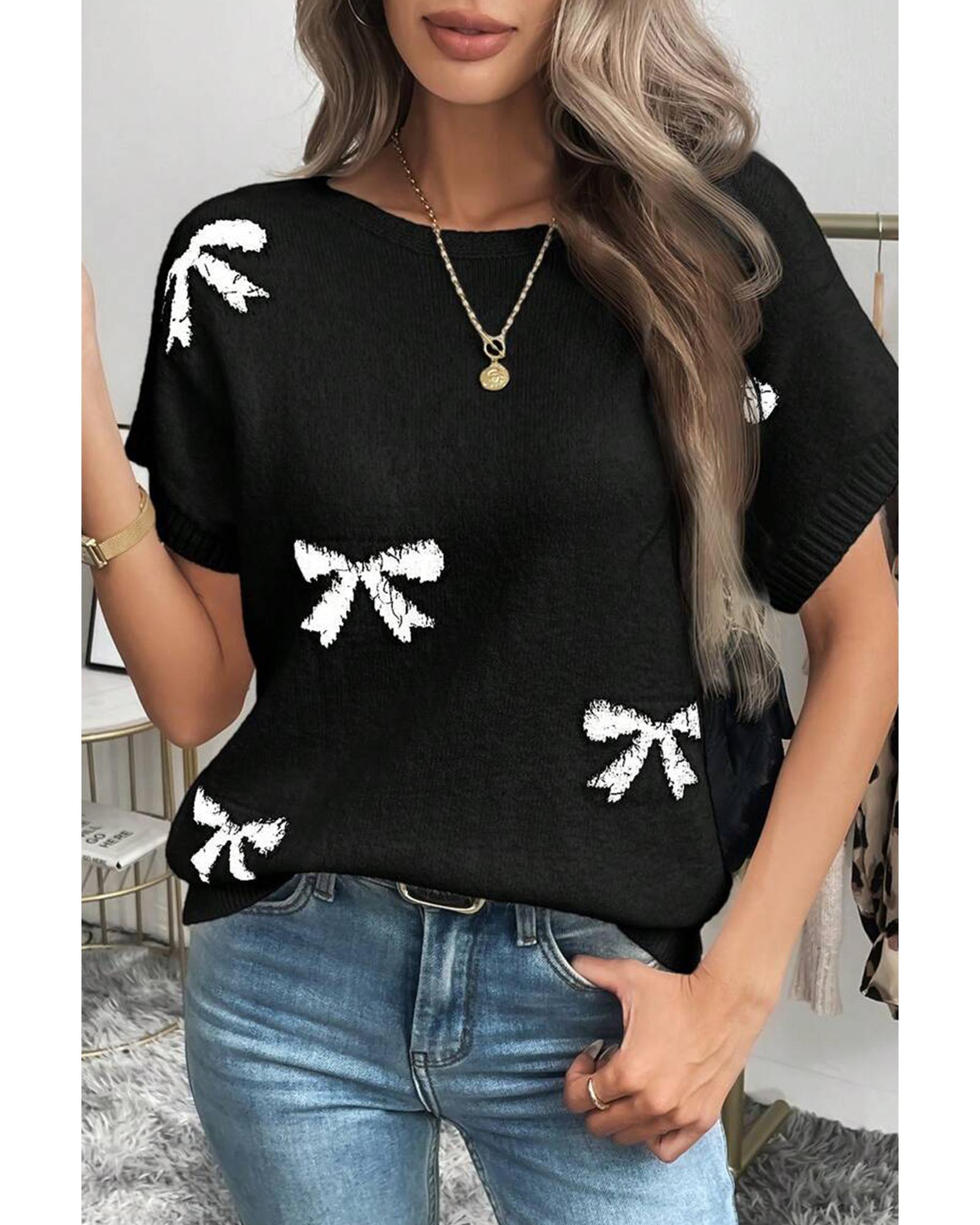 Black Bow Pattern Knit Short Sleeve Sweater - S 5