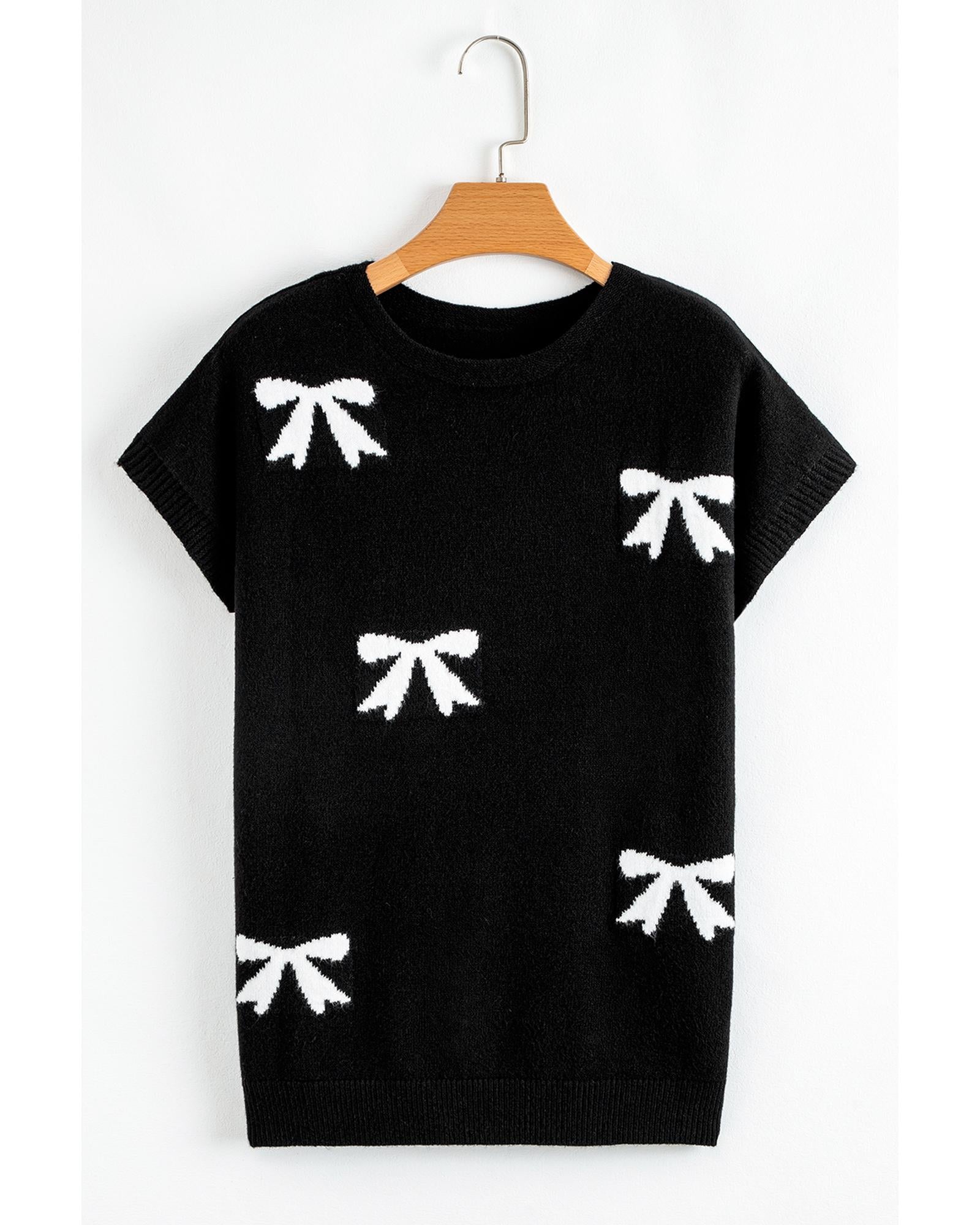 Black Bow Pattern Knit Short Sleeve Sweater - S 6