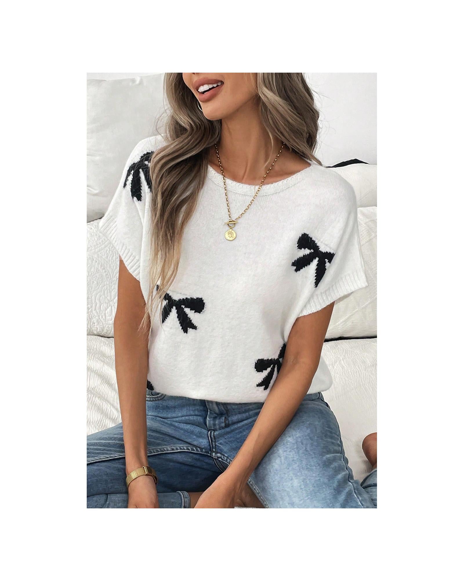 Black Bow Pattern Knit Short Sleeve Sweater - L 3